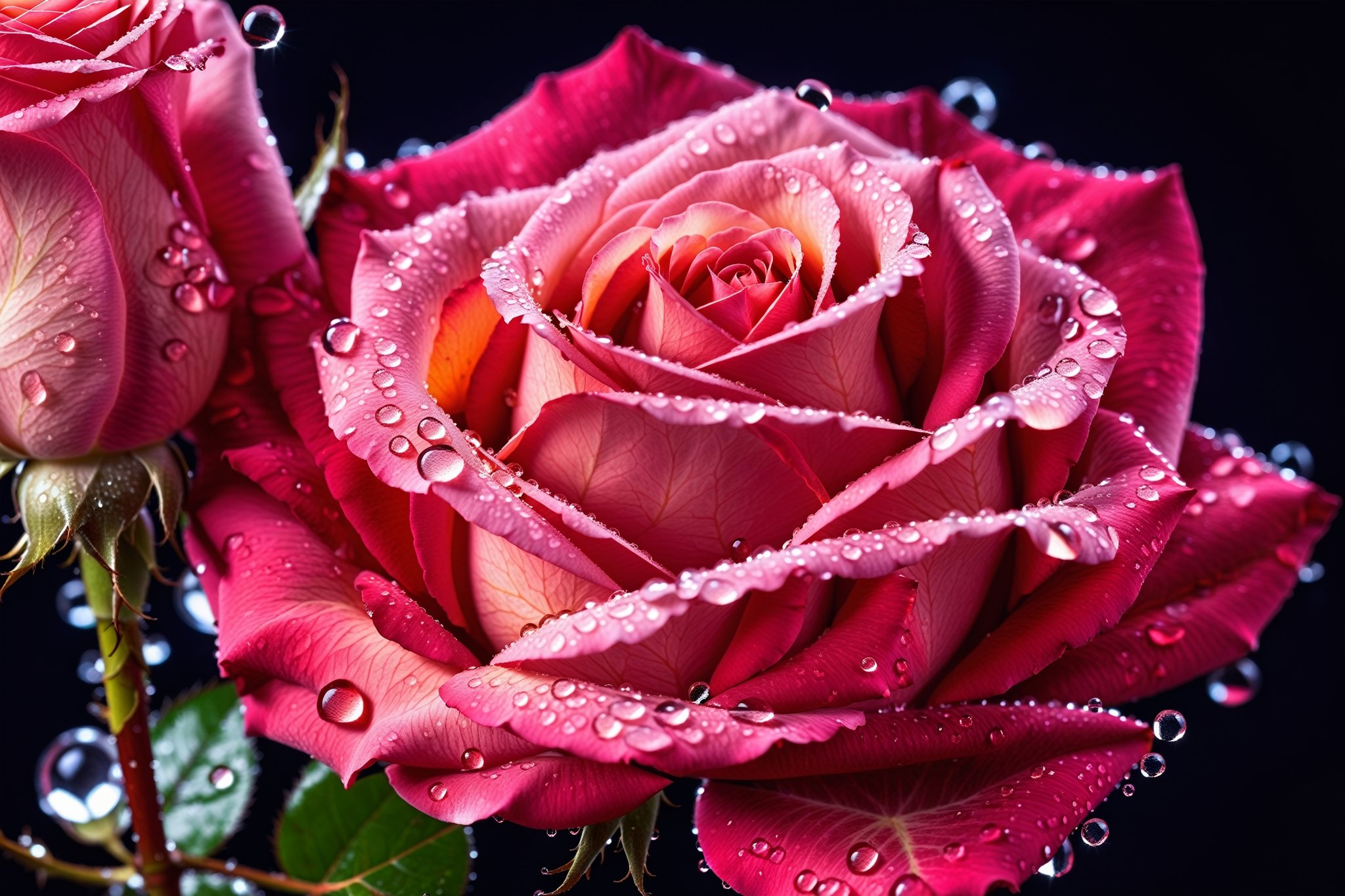 Macro Photography,a rose,shining starlight,Simple background,Dark background,Extreme Detail,UHD,8K,Studio Lighting,Professional Photography,fine art,,water droplets on rose petals,,  cupidtech, machine,