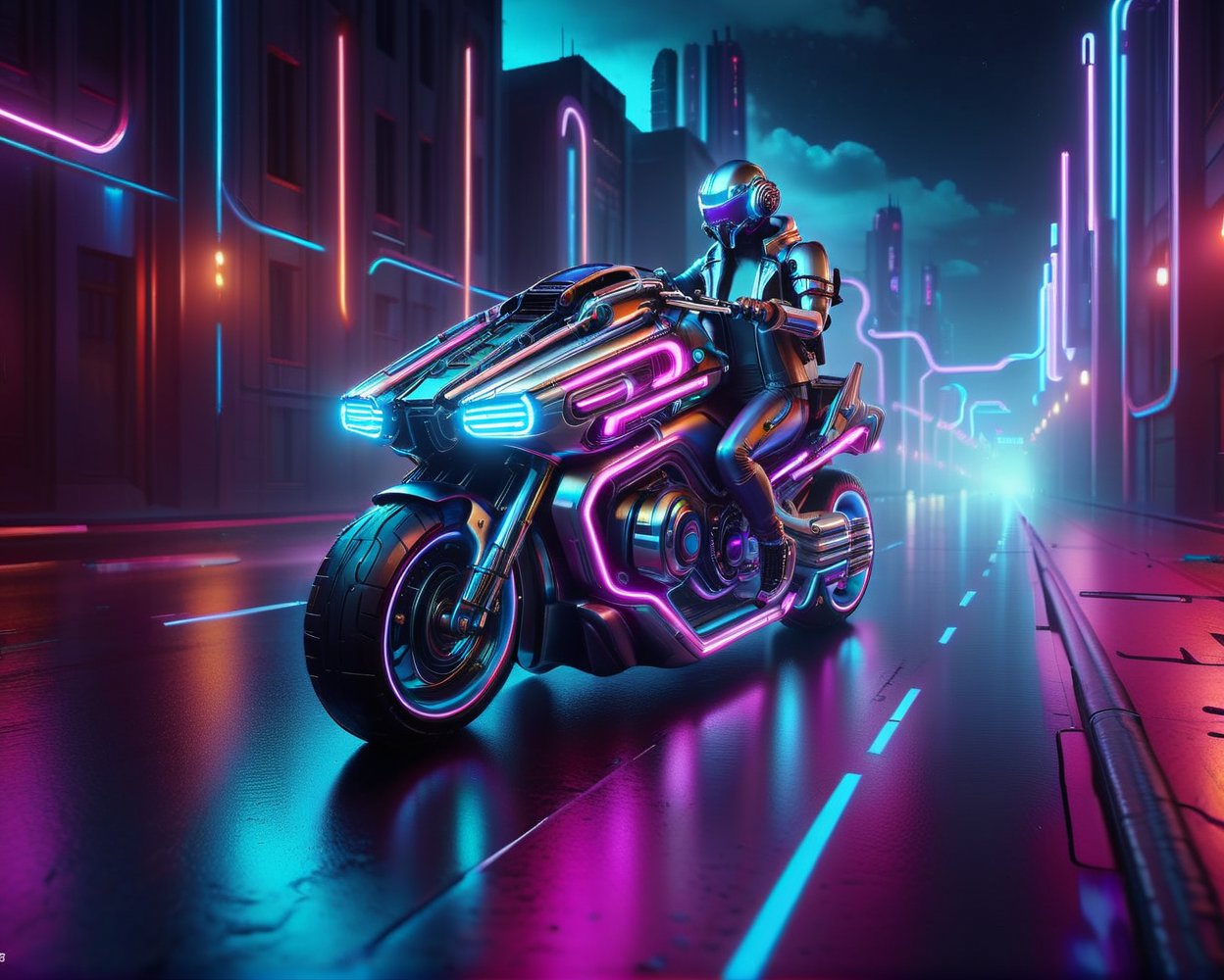 Wide angel view of a person riding a motorcycle on a city street, sitting on cyberpunk motorbike, riding a futuristic motorcycle, cyber neon lights, cyber neon lighting, cyberpunk futuristic neon, cyber neon lightings, cyberpunk with neon lighting, neon cyberpunk, futuristic motorcycle, cyberpunk neon, futuristic neon, neon cyberpunk style, cyberpunk neon lights, neon cyberpunk vibrant colors, daniel maidman octane rendering, futuristic vehicles, concept design art octane render, anime art vehicle concept art, cyberpunk futuristic neon, cycles 3 d render, futuristic vehicle,nlgtstyle,chrometech,surface imperfections