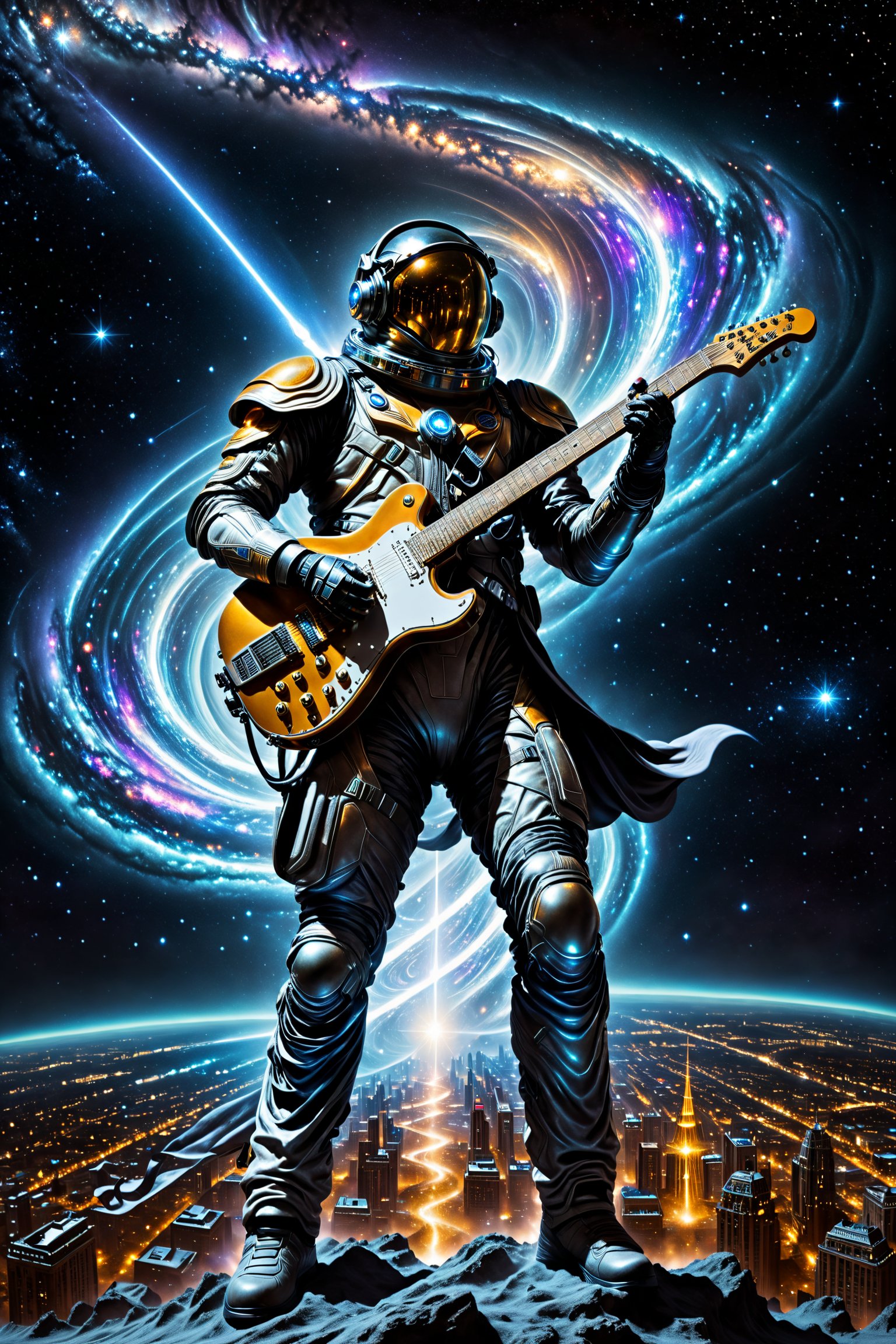 In the depths of space, a shimmering, shadowed figure playing an electric guitar with eyes like distant stars stands amidst swirling cosmic dust. City background buildings. The image is a hyper-realistic digital painting, capturing every glint of light and shadow in exquisite detail. The subject is a mysterious, otherworldly traveler in a sleek, midnight-hued spacesuit, adorned with intricate, ethereal designs. Their presence exudes an air of enigmatic elegance and boundless adventure, drawing viewers into a captivating tale of intergalactic exploration.