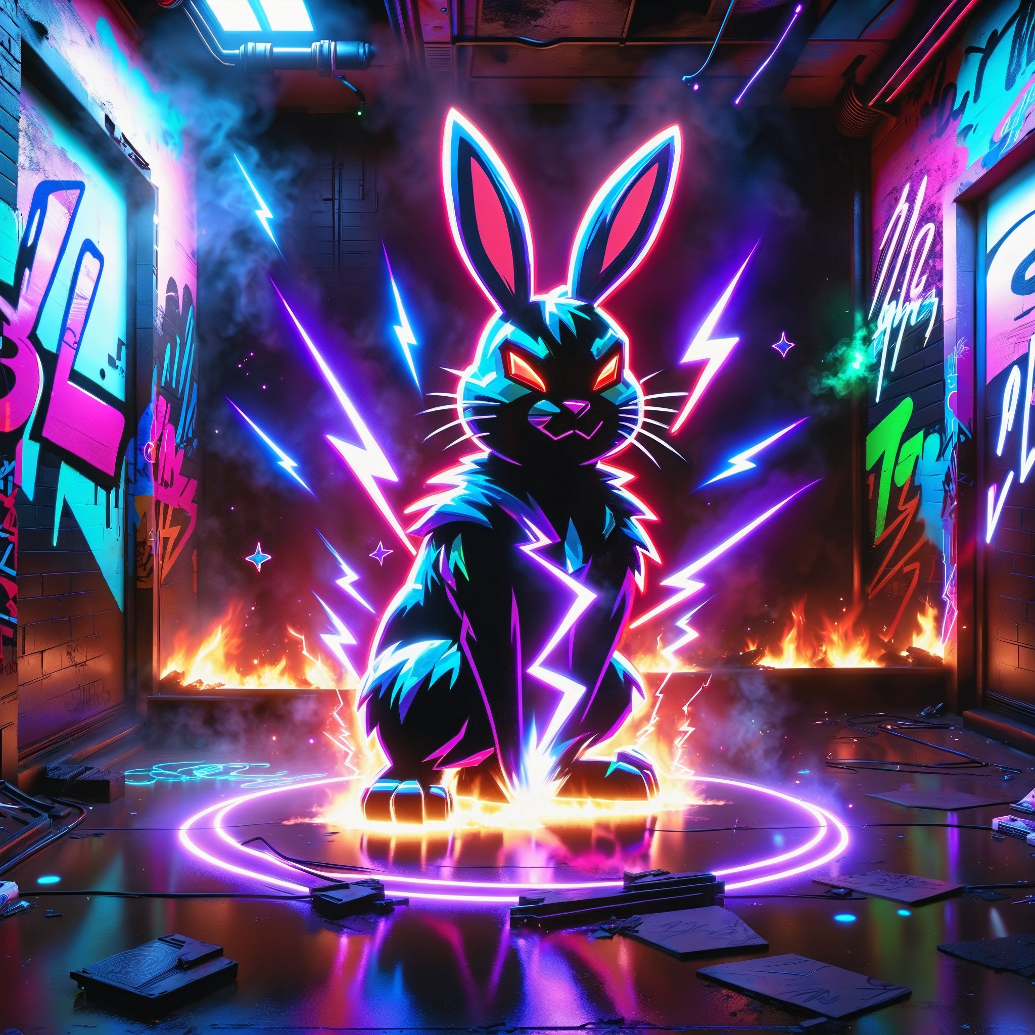 "Bad Bunny" in neon red, black, metallic, purple, blue, Pink, neon, sparkles, Neon colored smoke, planet, graffiti background,
,composed of elements of Fire thunder Lightning Electricity Space stars and neon lights, Cyberpunk,DonMH010D15pl4yXL 