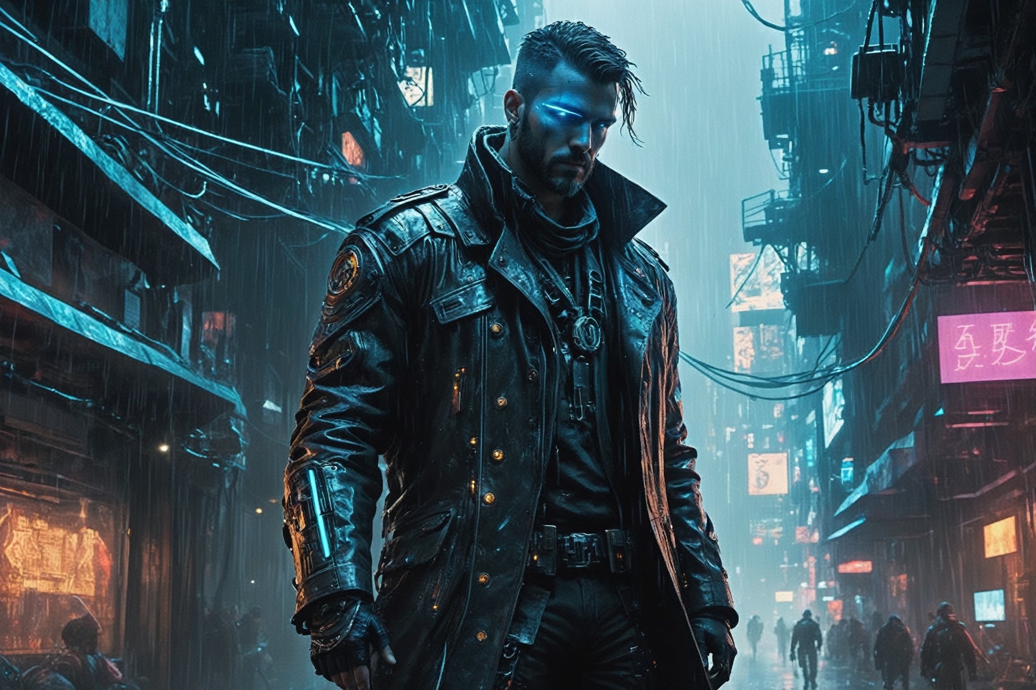 In the cyberpunk dystopia, envision a hyper-realistic upper body portrait of Hook, the enigmatic captain navigating the neon-lit, rain-soaked alleys of a sprawling metropolis. , betraying a history of battles in the data-driven underworld. Augmented with intricate neural interfaces, his weathered face bears the scars of both physical and digital combat. Strands of bioluminescent tattoos weave through his cyber-enhanced skin, a testament to the fusion of man and machine. With the city's chaotic energy as a backdrop, this 3D-generated masterpiece encapsulates Hook's gritty resilience, embodying the essence of a cybernetic sea captain in a world veiled in perpetual dusk. he is holding a gun in each hand