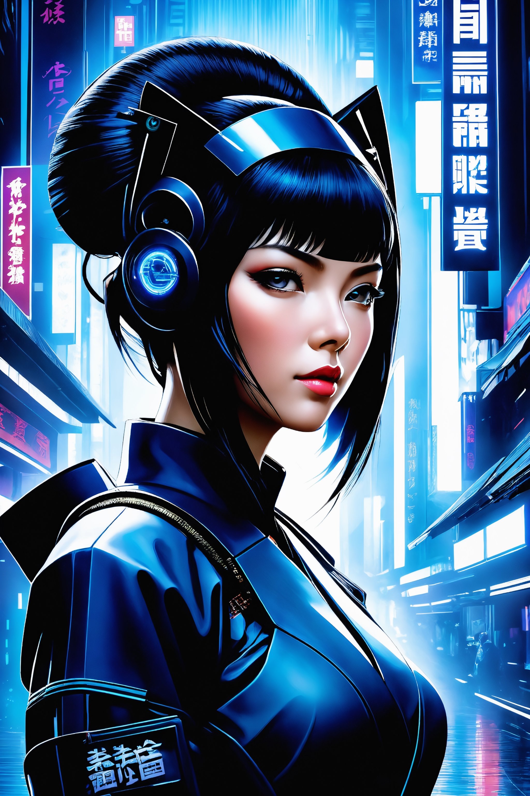 Ghost in the Shell Vol.2 - Assassin Geisha, by Luis Duarte, Luis Duarte style, blue and black shading, Neo-Tokyo style, Element Air, Mythpunk, Graphic Interface, Sci-Fic Art, Dark Influence, NijiExpress 3D v3, Kinetic Art, Datanoshing, Oilpainting, Ink v3, Splash style, Abstract Art, Abstract Tech, Cyber Tech Elements, Futuristic, Illustrated v3, Deco Influence, AirBrush style, drawing