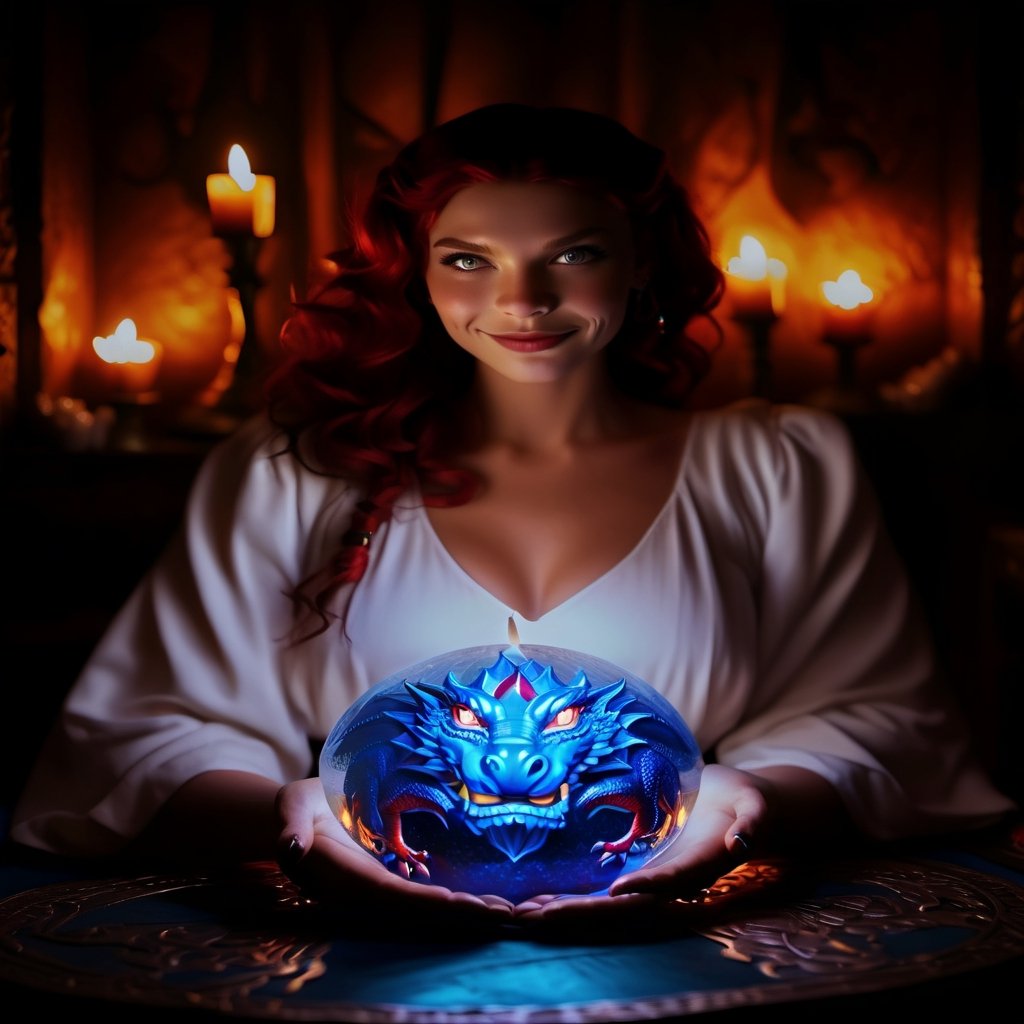 young Beautiful Gypsy fortune teller blond with red eyes she has a stunning glowing crystal ball with a realistic dragons face in a blue mist, low candle light and candles glowing orange and yellow in the background. face looks beautiful flawless, Beautiful girl, red hair, big hair, shiny hair, eye reflection, red eyes, smile, Hyperrealism, reflection light, glowing light, sparkle, cinematic lighting, masterpiece, ccurate, anatomically correct, textured skin, super detail, award winning, highres, 4K, 8k,neon photography style,Beautiful girl ,dragon