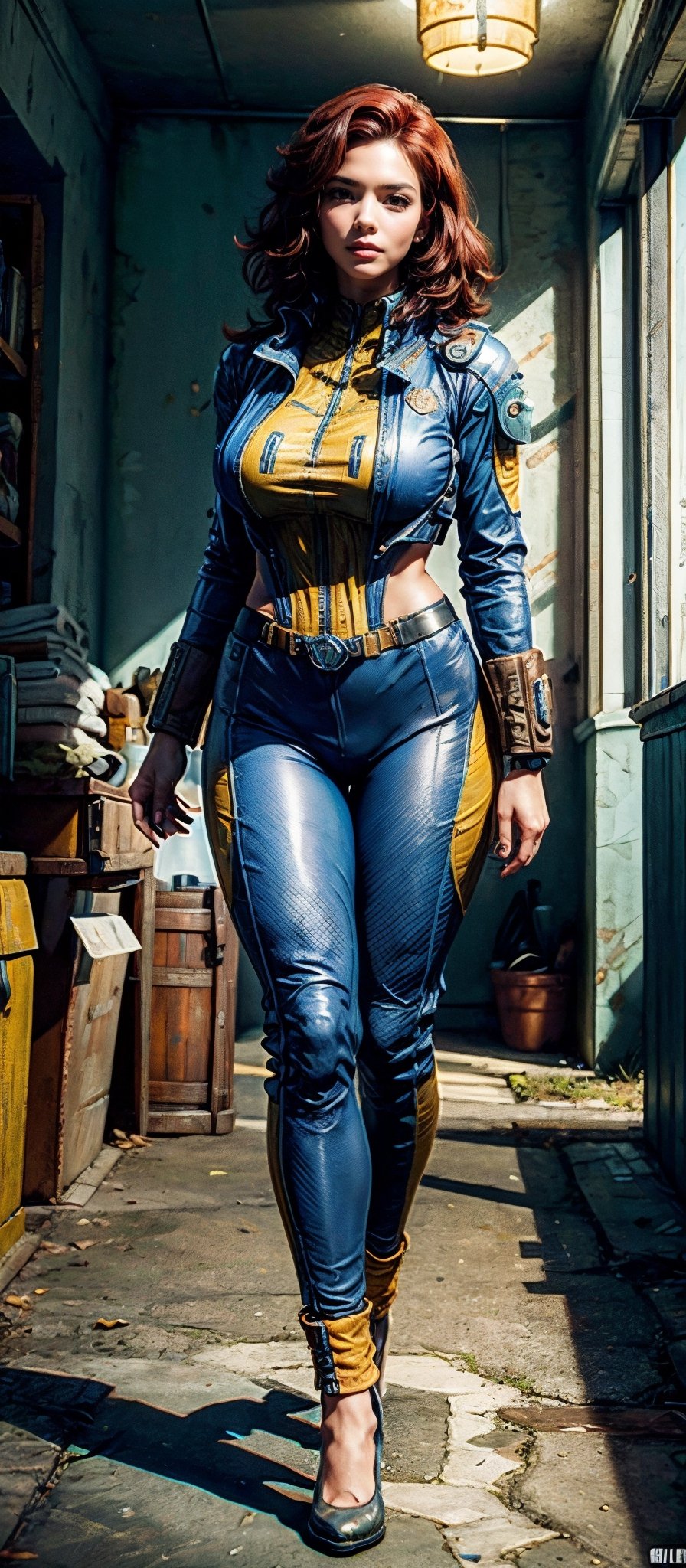 (((Fullbody view))), photorealistic, high resolution, 1women, solo,  (detailed face), dark red hair, long hair, fallout vaultsuit pipboy3000, blue suit