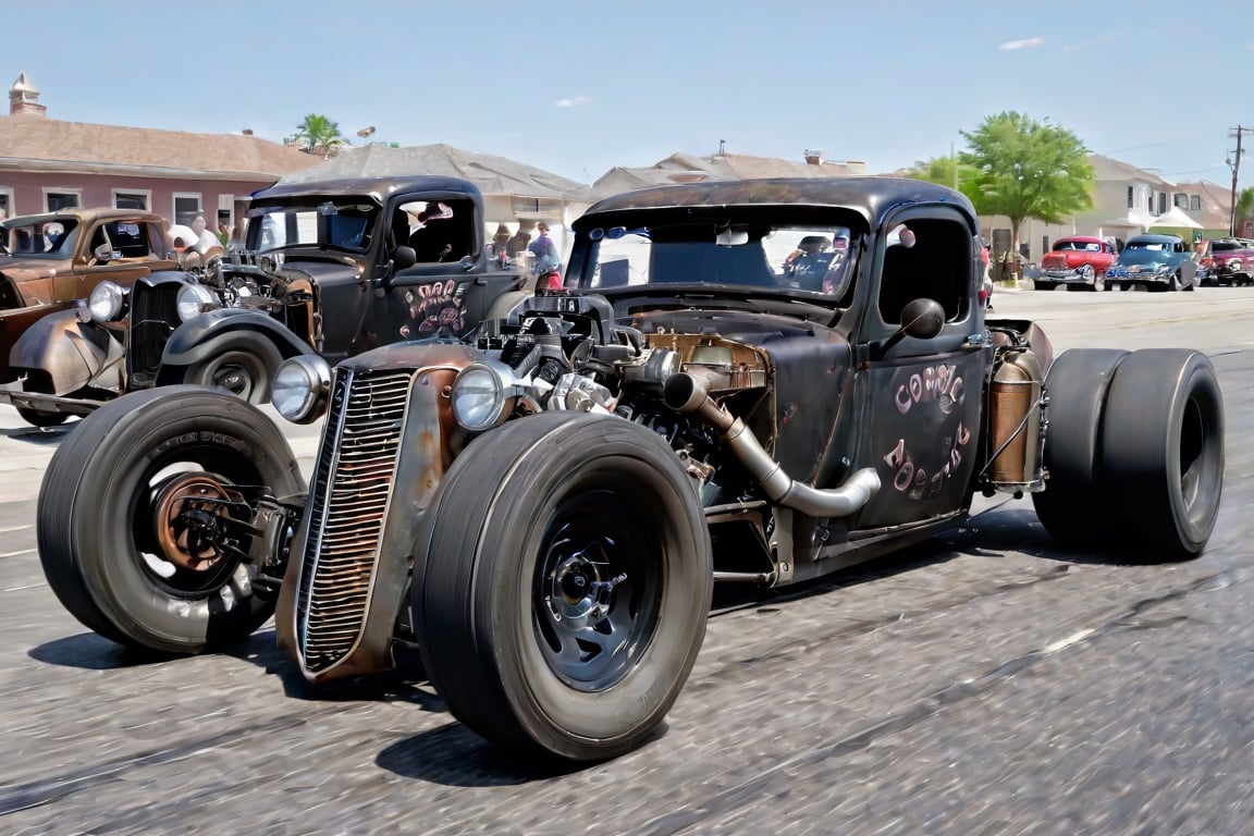 two hot rods racing down the street, 32k, masterpiece, photorealistic, photography,rat_rod