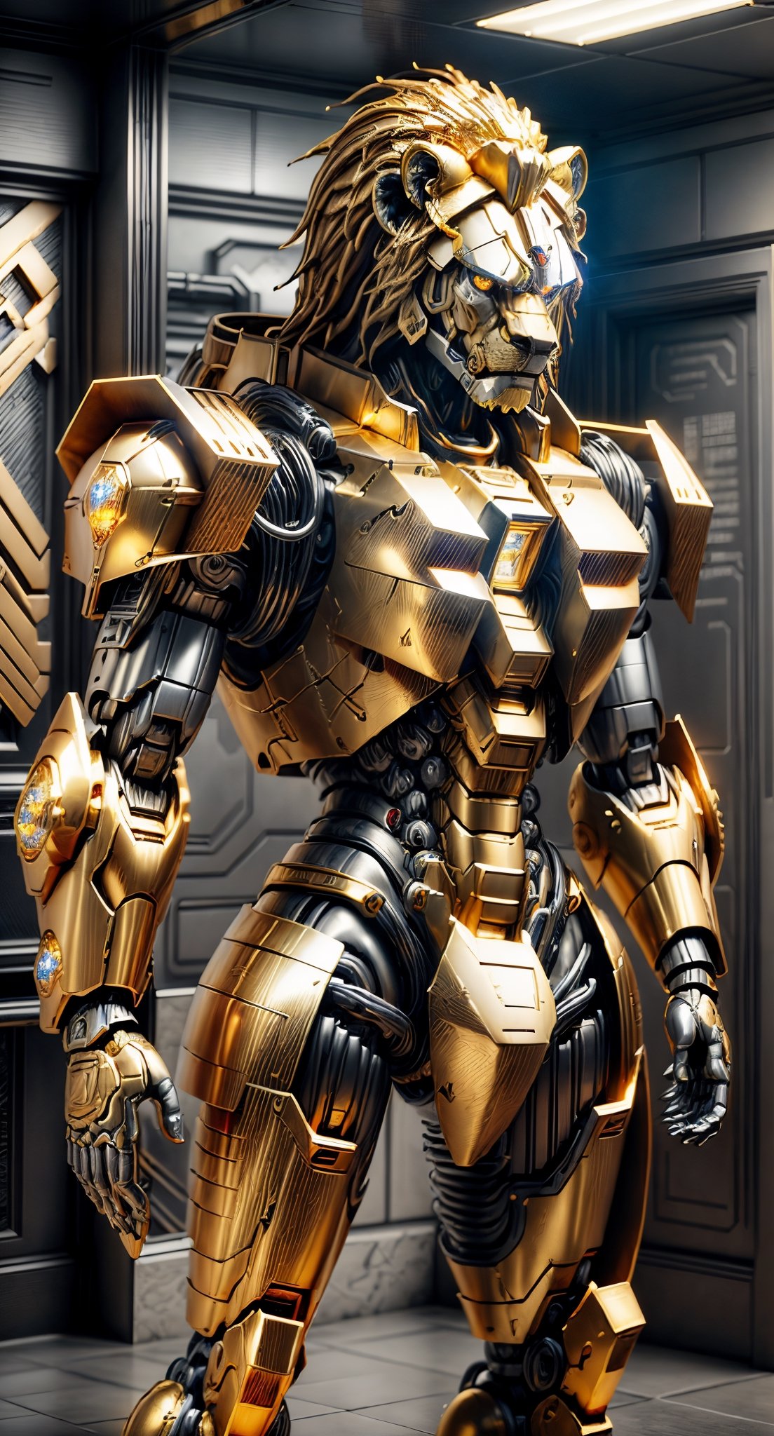 3D model, 1 man with a lion mask on, golden armor intricate with designs, metal plates, glowing gold, Surrealism, cinematic lighting, glowing light, reflection light, masterpiece, ccurate, anatomically correct, super detail, textured skin, high details, award winning, best quality, highres, 4K, 8k, 16k,bismuth4rmor,Golden Warrior Mecha