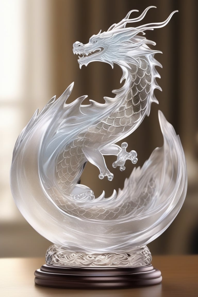 Generate an image of a sophisticated glass art rendition featuring dragon. The intricately crafted figurine stands elegantly on a desk, capturing the essence of high-end craftsmanship.Clear Glass Skin,dragon-themed,dragonyear ,comic style