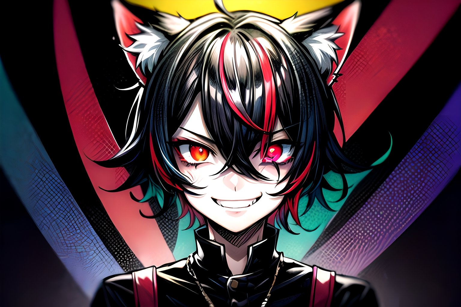 1boy ,solo male, cat ears, animal ears, Black with red highlights hair, middle hair,red eyes, glowing,glowing eyes,evil smile,crazy smile,(abstract art:1.3,psychedelia theme:1.2)