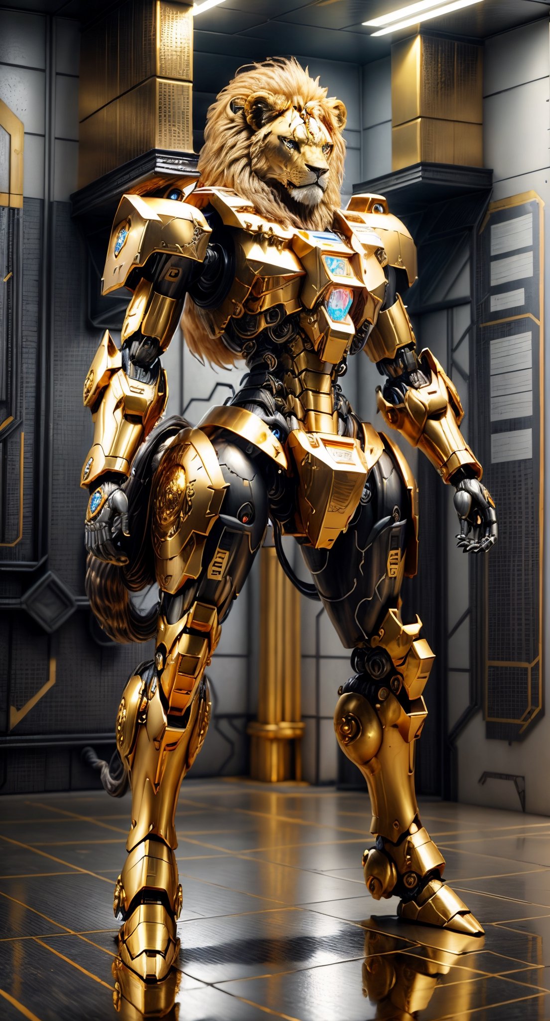 3D model, lion with full golden fur in front, golden armor intricate with designs, metal plates, glowing gold, Surrealism, cinematic lighting, glowing light, reflection light, masterpiece, ccurate, anatomically correct, super detail, textured skin, high details, award winning, best quality, highres, 4K, 8k, 16k,bismuth4rmor,Golden Warrior Mecha