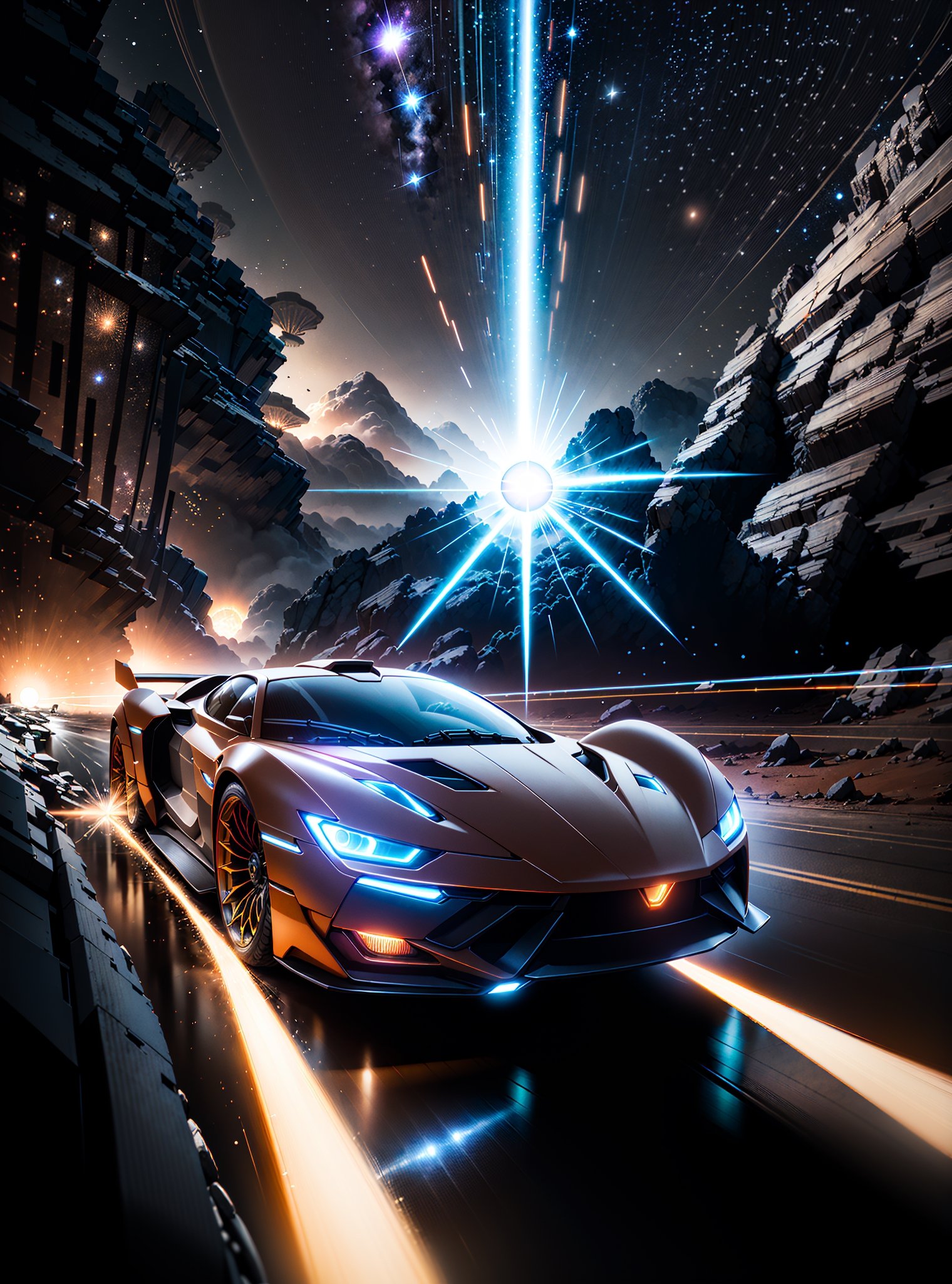 a sci-fi sportscar passing by, light speed, flash, motion trail, a shining star(sun) in the background, motion blur, epic visual effects, interstellar, flow, detailed, scifi, star blast, dark vibrant colors, cosmic art, stars in background, cinematic scene, lens flare, god rays, glow, 
