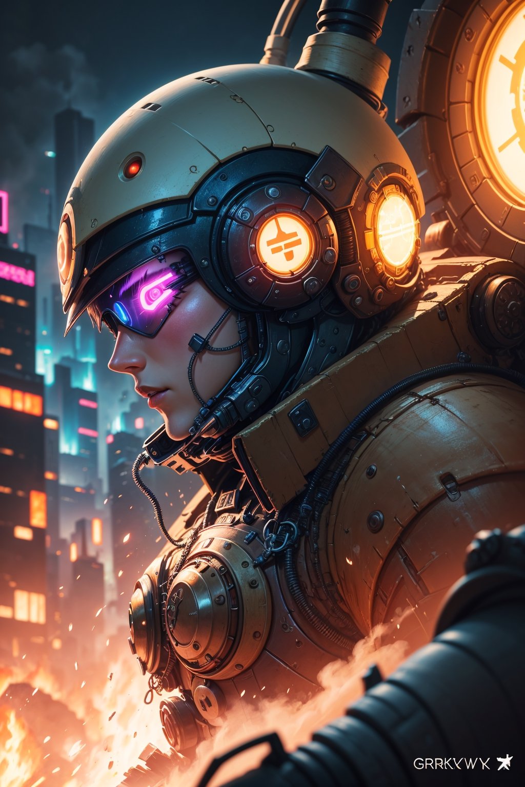 Detailed Ghotic Medieval portrait of cyberpunk style , futuristic (neon :1.1)reflective wear, sci-fi, robot parts, gold parts, machine face cinematic light ef 50mm, ((art by Greg Rutkowsky)), (studio ghibli:1.1), artgern, art, illustration, ((dark,More Detail,exoskeleton