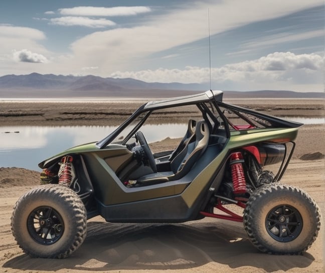 vehicle parked on a dirt road near a body of water, tesla dune buggy, off-roading, off - road, profile shot, buggy, shot from the side, full view of a car, portrait shot, front shot, smooth in _ the background, wide portrait, octane highly render, octane 2. 0 render, 