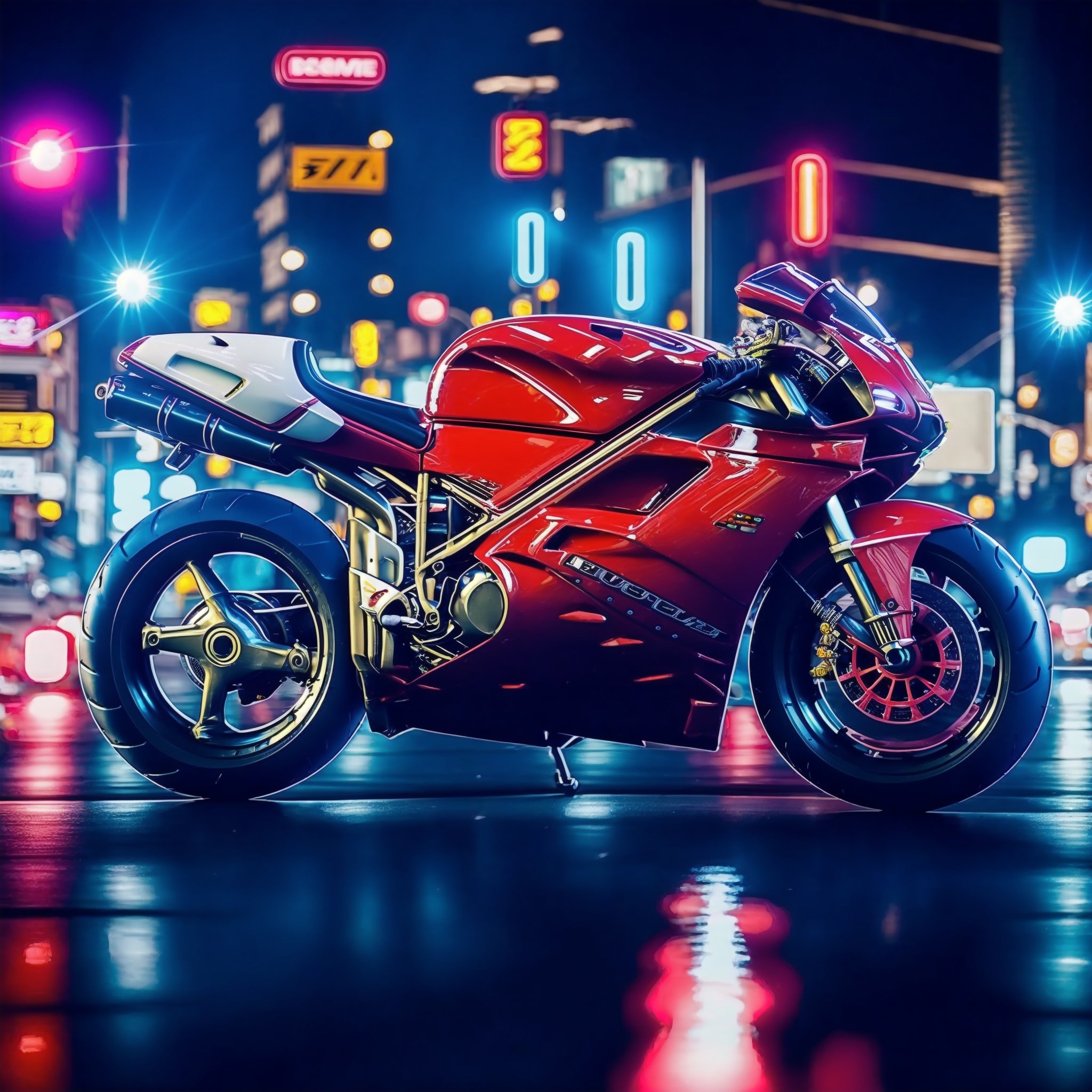 ftsbk, red motorcycle racing through city streets, white helmet, white_bodysuit, science_fiction, cyberpunk, midnight, street lights, neon signs, cinematic, high speed,94Ducati916