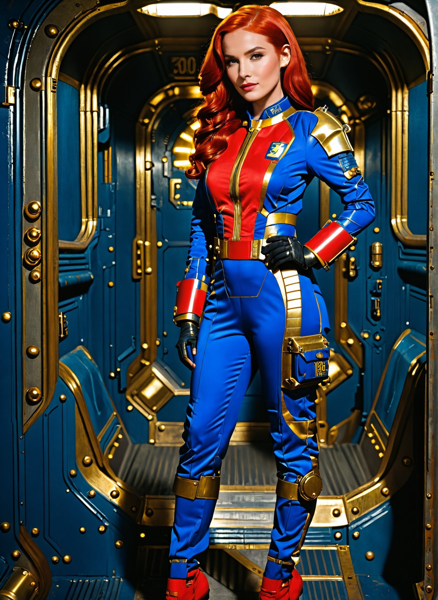 (((Fullbody view))), photorealistic, high resolution, 1women, (detailed face), bright red hair, long hair, fallout vaultsuit pipboy 3000, blue suit, A full body photograph of a beautiful 20 year old wearing a blue and gold vault suit 