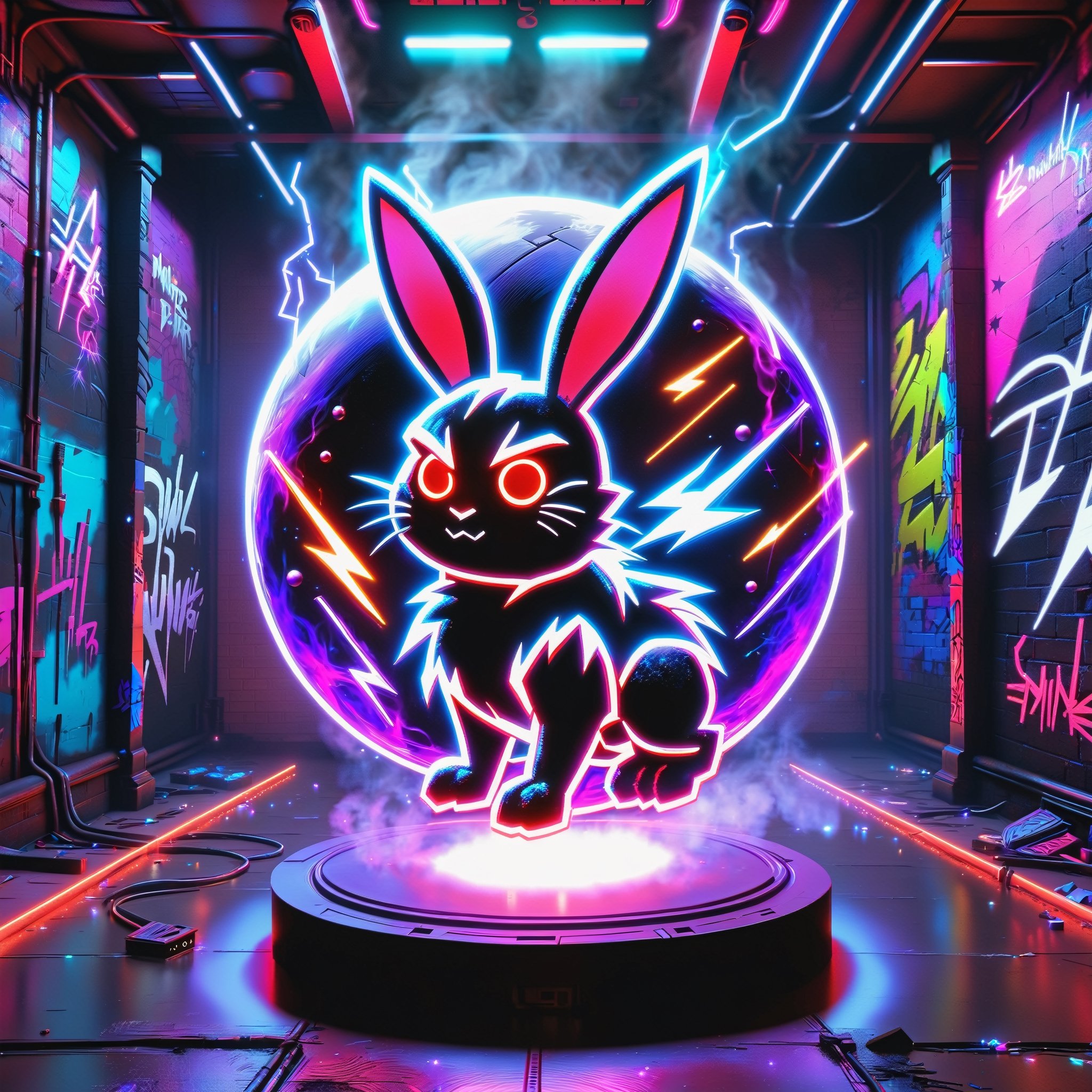 "Bad Bunny" in neon red, black, metallic, purple, blue, Pink, neon, sparkles, smoke, planet, graffiti background,
,composed of elements of thunder Electricity Space stars and neon lights, Cyberpunk,DonMH010D15pl4yXL 