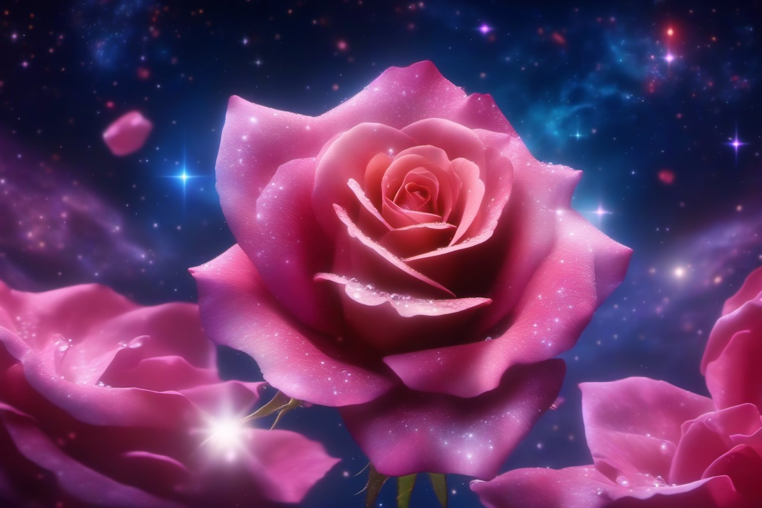  a galaxy rose with a galaxy on each rose petal, shining starlight, spacey nebula  background, Dark background,Extreme Detail,UHD,8K,water droplets on rose petal,