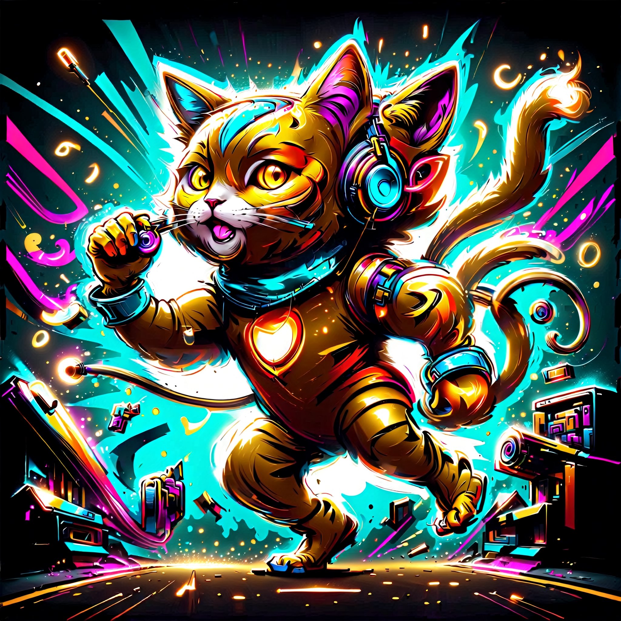 highly detailed colourful graffiti illustration of Mad Cat playing with TNT, wearing gold headphones,