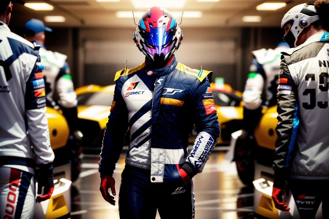 (there is a man in a helmet and a jacket), (masterpiece, best quality, 8K, high detailed) male, adult male, muscular male, muscular, faceless, faceless male, (masked, futuristic mask, futuristic helmet, cyberpunk mask, cyberpunk helmet, helmet cover all of face, mask covering all of face), racer suit, grey longpants, Standing next to a racing sports car