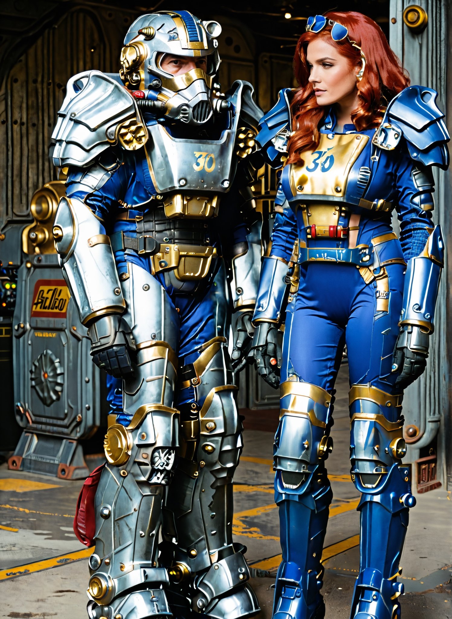 (((Fullbody view))), photorealistic, high resolution, 2women, (detailed face), bright red hair, long hair, fallout vaultsuit pipboy 3000, blue suit, A full body photograph of a beautiful 20 year old wearing a blue and gold vault suit red hair standing next to a girl wearing a T60 power armor, Perfect Hands, perfect face,Power Armor,hubggirl,natalee