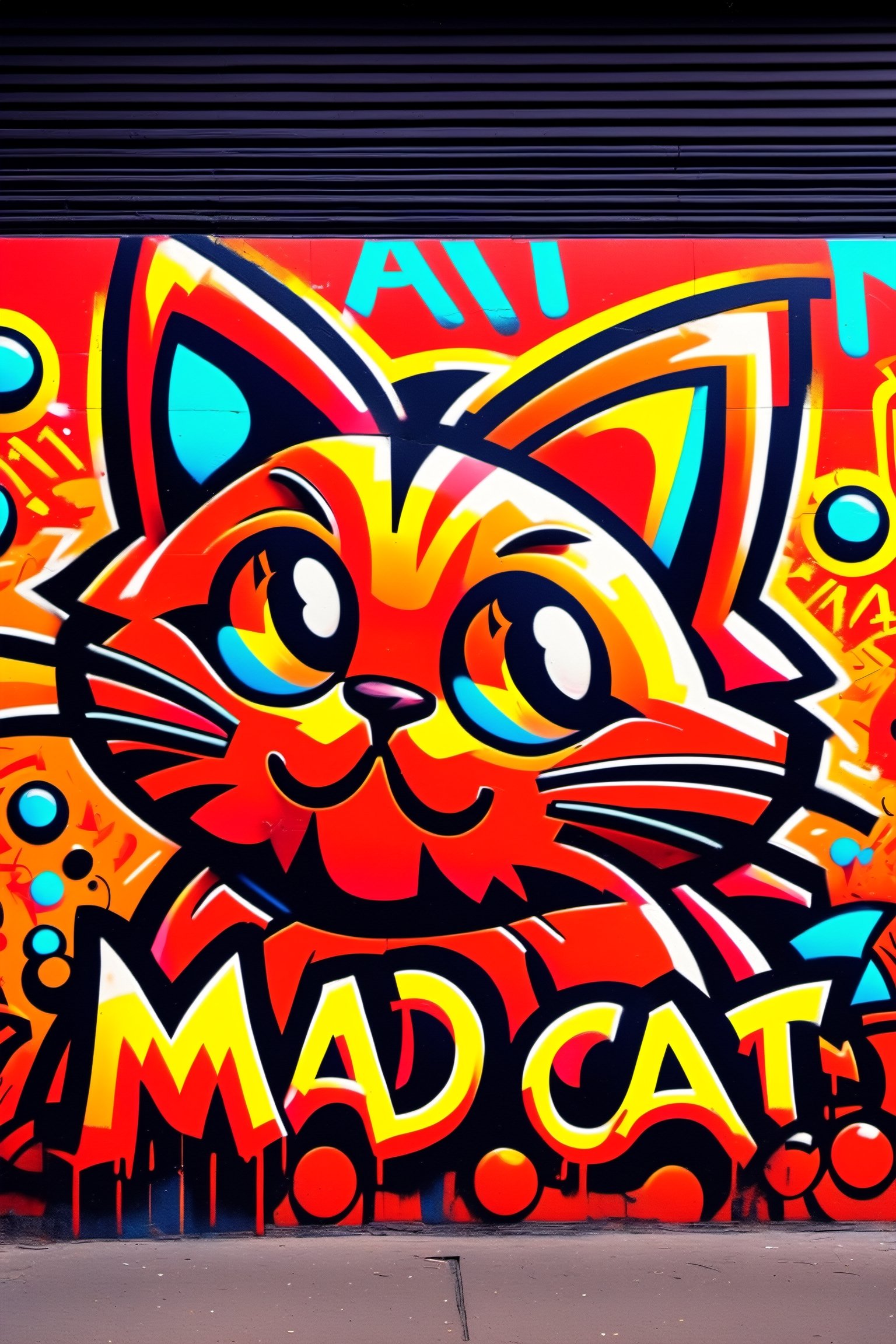 "AI Mad Cat PRO", Neon Colors red and orange, graffiti, 