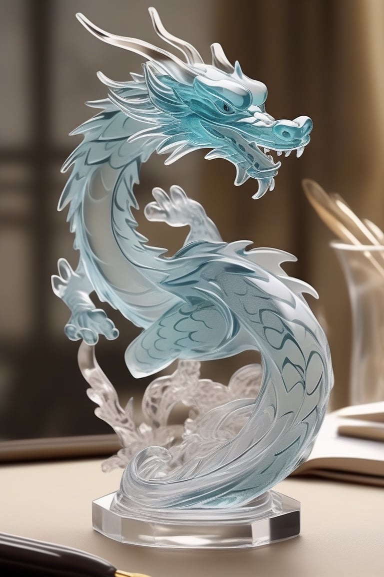 Generate an image of a sophisticated glass art rendition featuring dragon. The intricately crafted figurine stands elegantly on a desk, capturing the essence of high-end craftsmanship.Clear Glass Skin,dragon-themed,dragonyear ,comic style