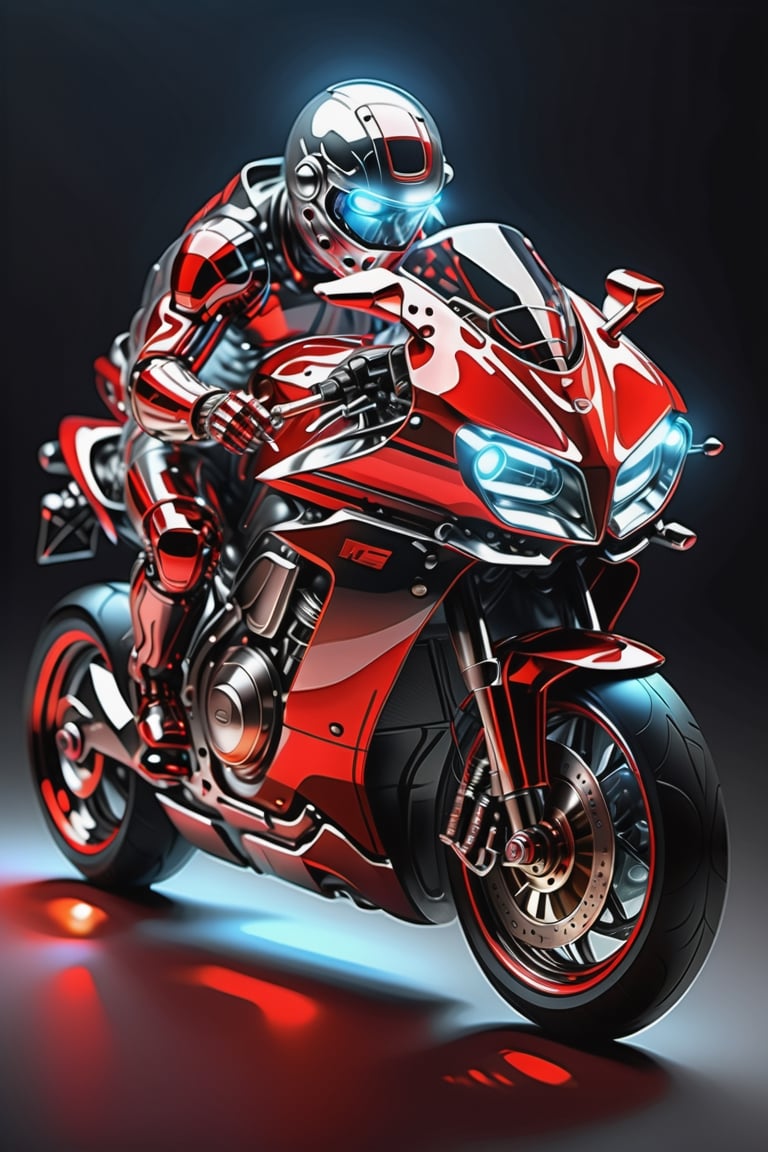 Masterpiece, ultra-definition, super detailed, perfect drawing, 1  transparent SPORT race motocycle with headlight on white lights , Colored red, silver and black carbonfiber, Industrial design, clean, Luminous neon lit,  red background, Surrealism, UHD, high details, best quality, 2K