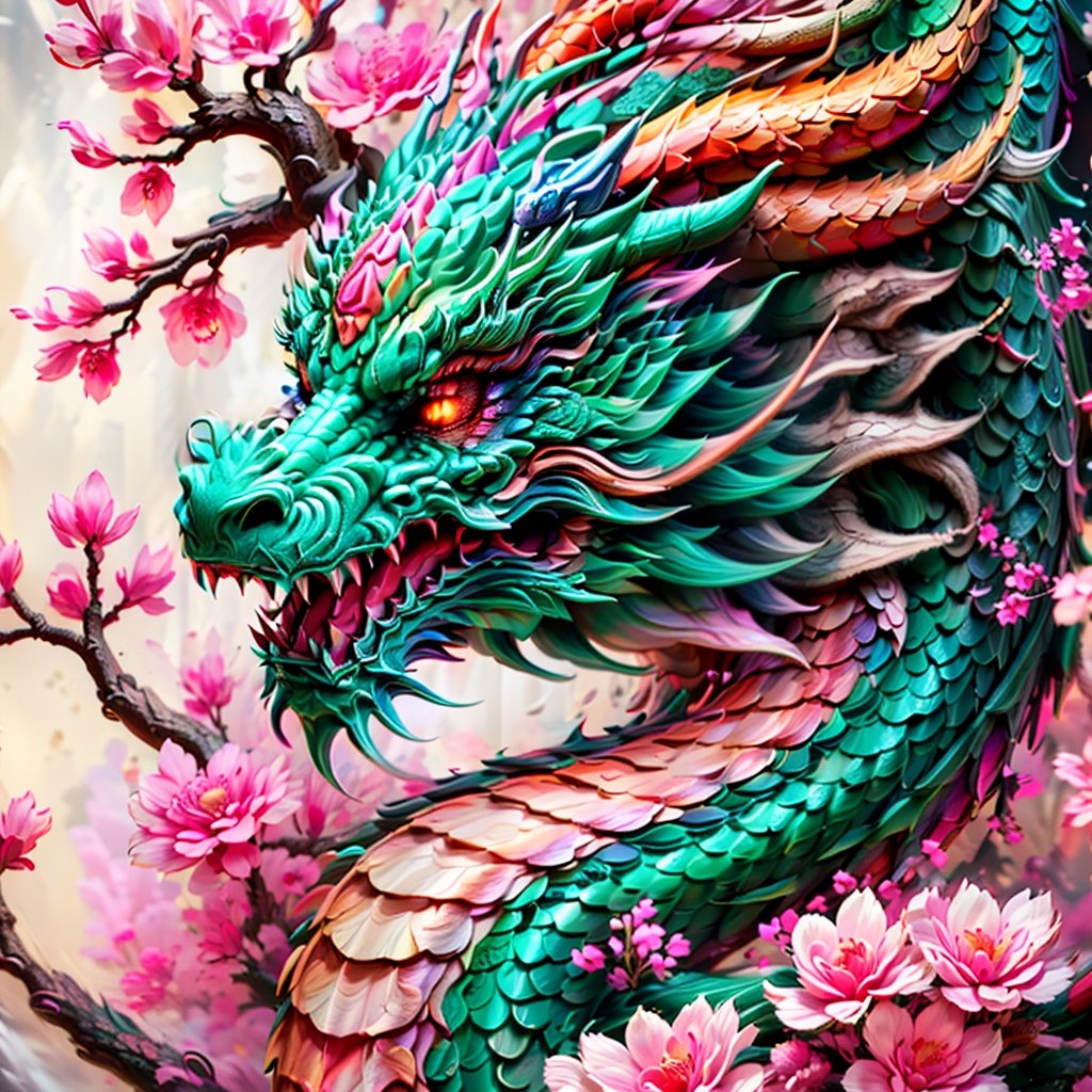 a close up of a dragon with a flowered tree in the background, cyan chinese dragon fantasy, majestic japanese dragon, ultra detailed color art, digital art. highly detailed, dragon art, highly detailed digital artwork, highly detailed and colored, bright colors highly detailed, 4 k highly detailed art, colossal dragon as background, highly detailed digital art, over detailed art