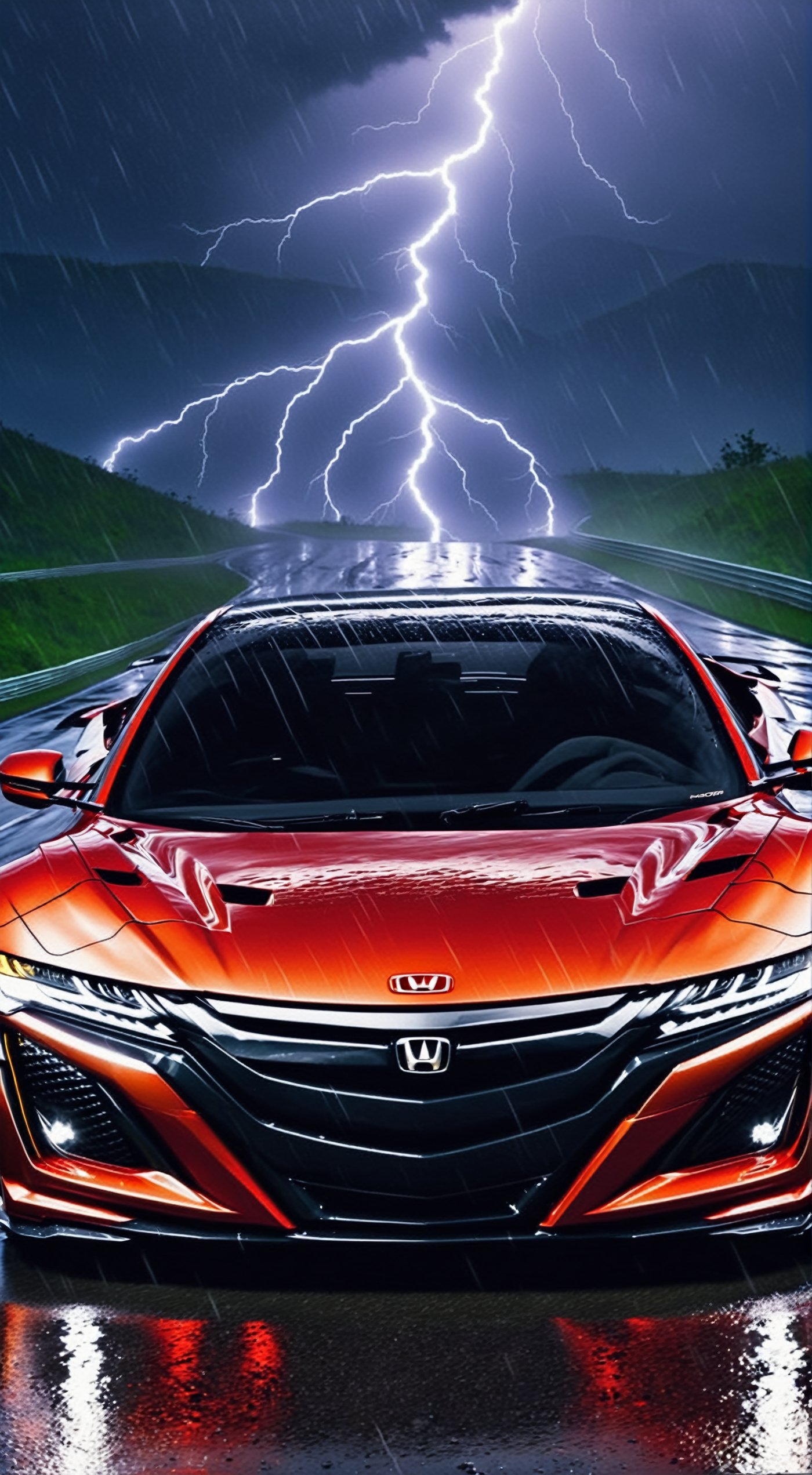 there a car driving on a wet road with lightning in the background, honda nsx, automotive design art, sport car, best on adobe stock, artistic illustration, sports car, stunning digital illustration, amazing wallpaper, 4 k hd wallpaper illustration, background artwork, japanese drift car, artistic rendering, stylized digital illustration, dramatic lightning digital art, sportcar