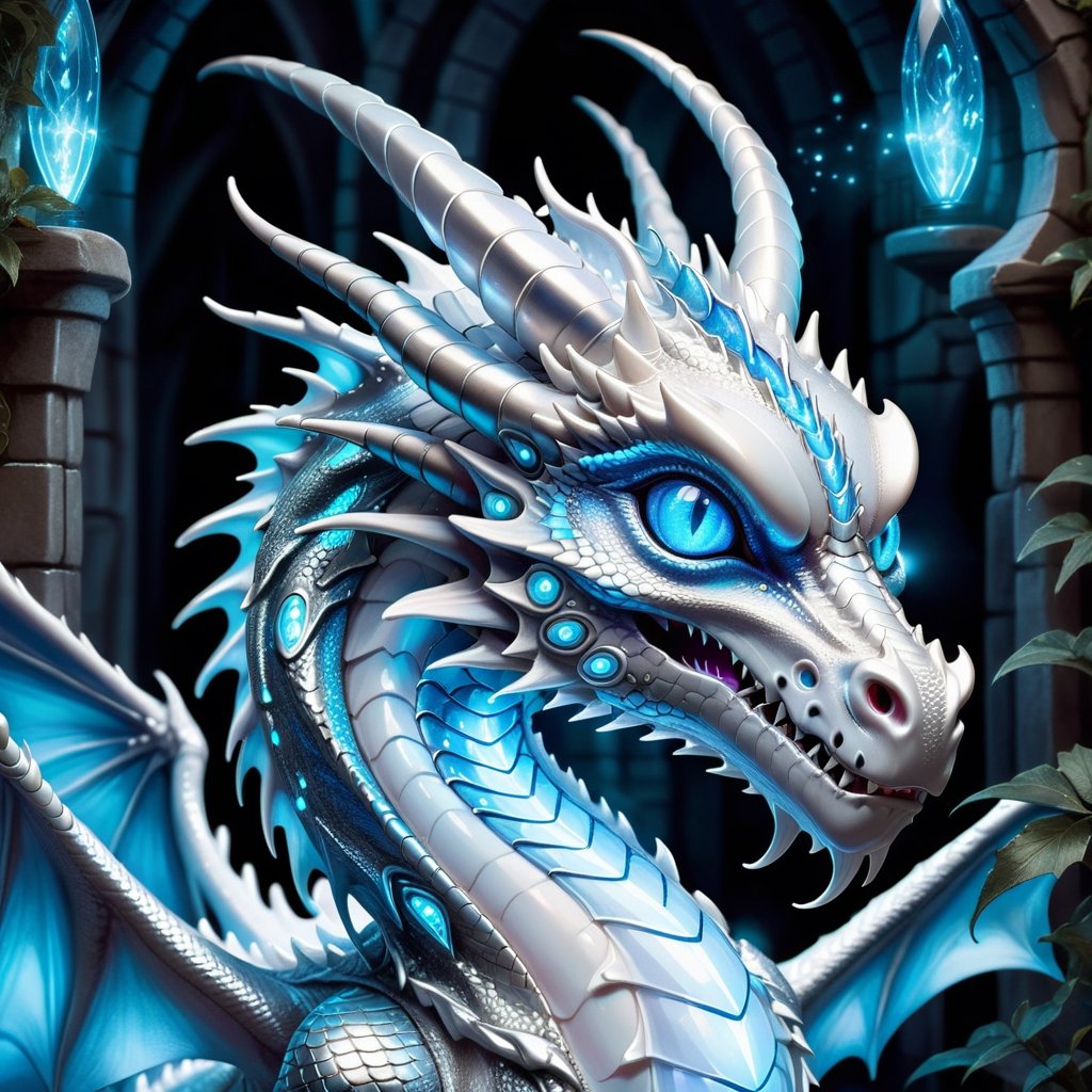 Craft an enchanting fantasy scene featuring a beautiful silver-white biometric dragon with glowing,  shiny biometrical features. Imagine captivating blue eyes and impressive glass horns. Place this majestic creature in a fantasy-style background that complements its ethereal beauty,  aiming for a visually striking image with intricate details and a magical atmosphere., cute little dragon
