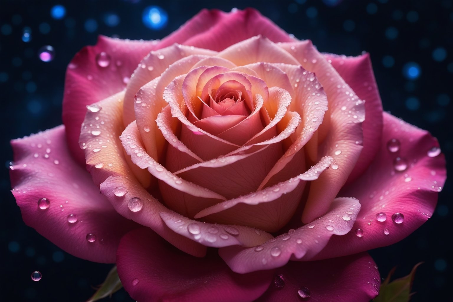 Macro Photography, a galaxy rose with a galaxy on each rose petal, shining starlight, spacey nebula  background, Dark background,Extreme Detail,UHD,8K,Studio Lighting,Professional Photography,fine art,,water droplets on rose petals,,  cupidtech, machine,