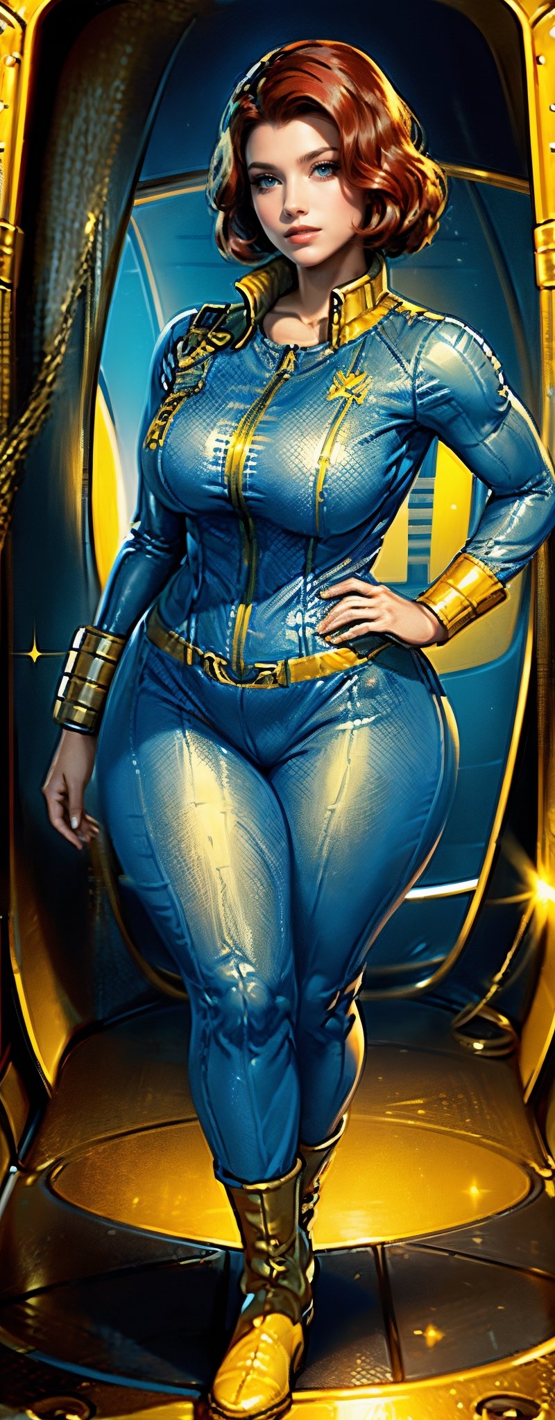 (masterpiece, best quality, realistic), full body, wide shot, 1girl, (Fallout 4 Vault girl), vault tec, sexy girl, beautiful, long full red hair, smiling with closed mouth, (body tight jumpsuit), (deep blue jumpsuit with golden details from vault 111) (jumpsuit with long sleaves and frontal zipper, no cutouts), combat boots, pipboy on wrist, (vault girl), vault 111, ((curvy body)) defined body, good curves, good lighting, very detailed face, eyes highly detailed, random sexy pose, fallout,falloutPinUP