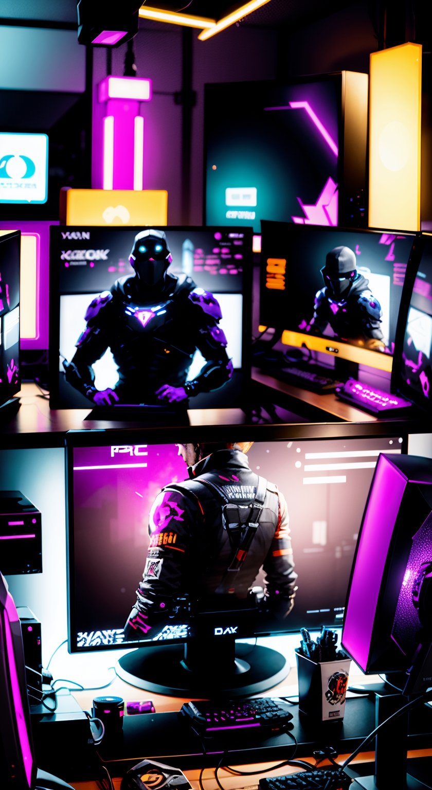 pc gamer setup, a dimly lit gaming room with multiple monitors and a gaming chair, gaming room, cyberpunk setting, dark setup, gamer themed, gaming room in 2 0 4 0, gamer aesthetic, gamer screen on metallic desk, 8 k wide shot, in a cyberpunk themed room, thicc build, purple and cyan lighting, satisfying cable management, cyberpunk vibe