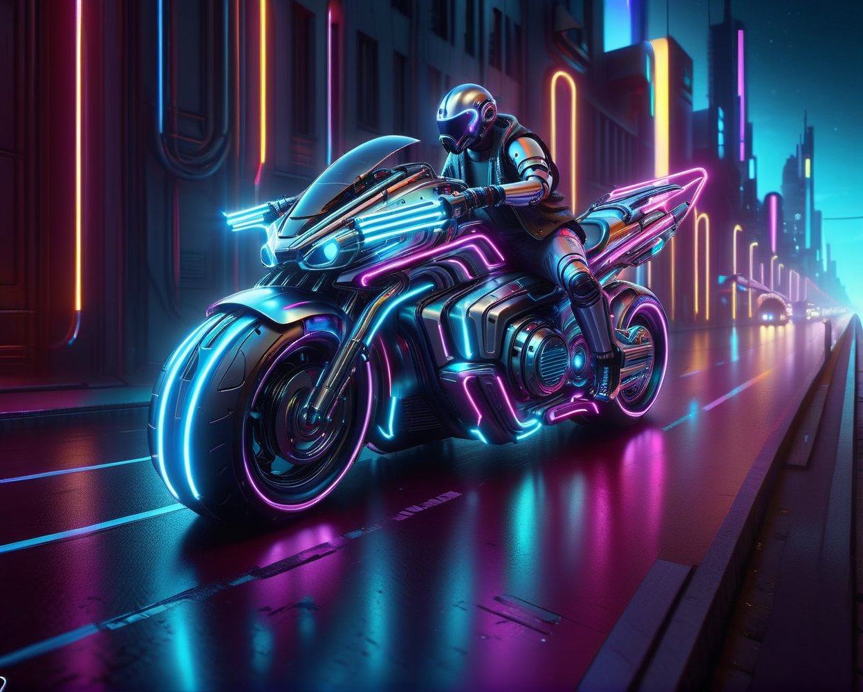 Wide angel view of a person riding a motorcycle on a city street, sitting on cyberpunk motorbike, riding a futuristic motorcycle, cyber neon lights, cyber neon lighting, cyberpunk futuristic neon, cyber neon lightings, cyberpunk with neon lighting, neon cyberpunk, futuristic motorcycle, cyberpunk neon, futuristic neon, neon cyberpunk style, cyberpunk neon lights, neon cyberpunk vibrant colors, daniel maidman octane rendering, futuristic vehicles, concept design art octane render, anime art vehicle concept art, cyberpunk futuristic neon, cycles 3 d render, futuristic vehicle,nlgtstyle,chrometech,surface imperfections