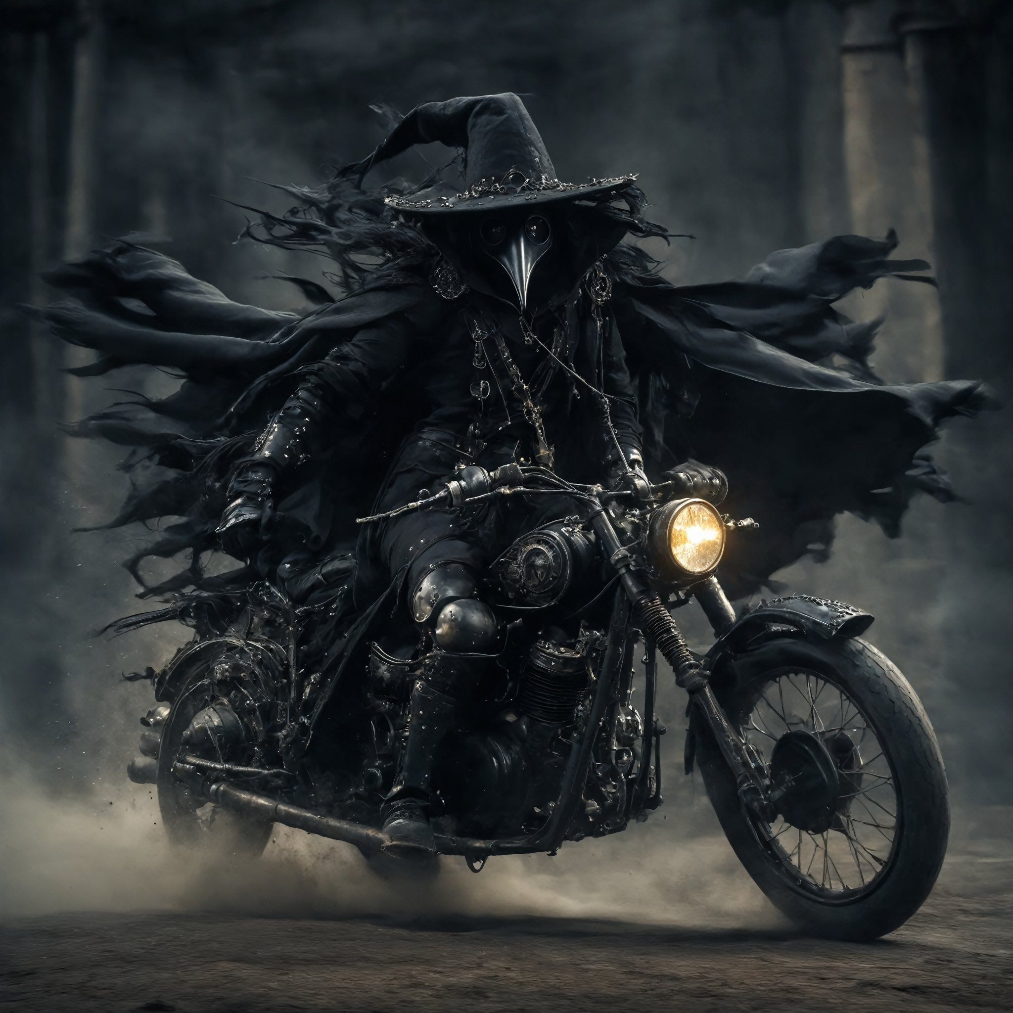 (motion blur effect),
Imagine a Gothic, classical motorcycle ridden by a plague doctor. The bike features an antique black finish with intricate silver detailing and wrought-iron filigree. The seat is rich black leather with tufted buttons, and the fuel tank has haunting gothic patterns. Lantern-style headlights emit a dim, eerie glow. The plague doctor, in his beaked mask and flowing cloak, creates a striking, otherworldly image, blending historical darkness with gothic elegance.,madgod,stop motion,horror,action shot