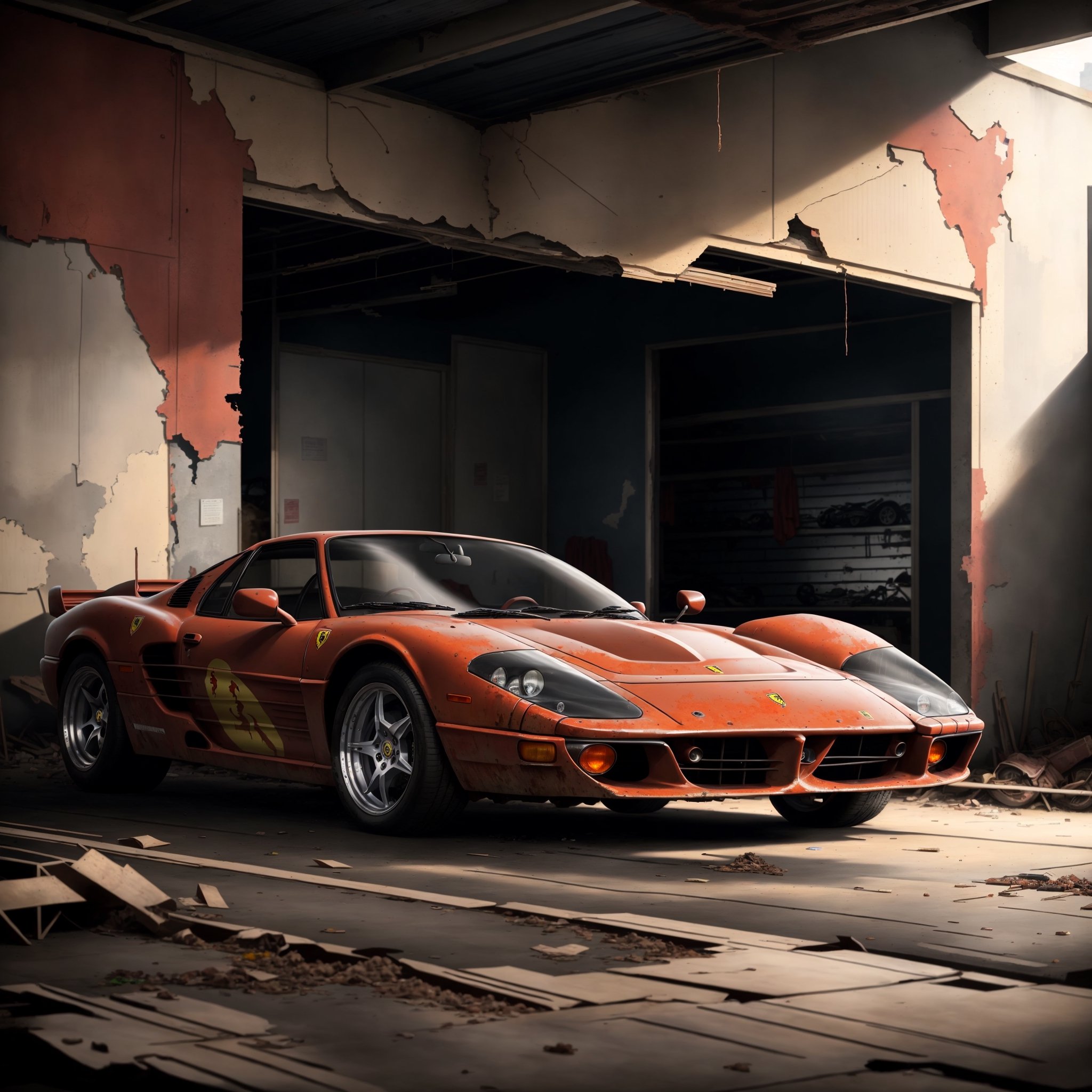 (masterpiece, best quality, ultra-details), dynamic framing, dynamic angle, lots of details, abandoned garage, a Ferrari covered in dust, rusty, rust framing, wall texture framing, low lighting, full car image