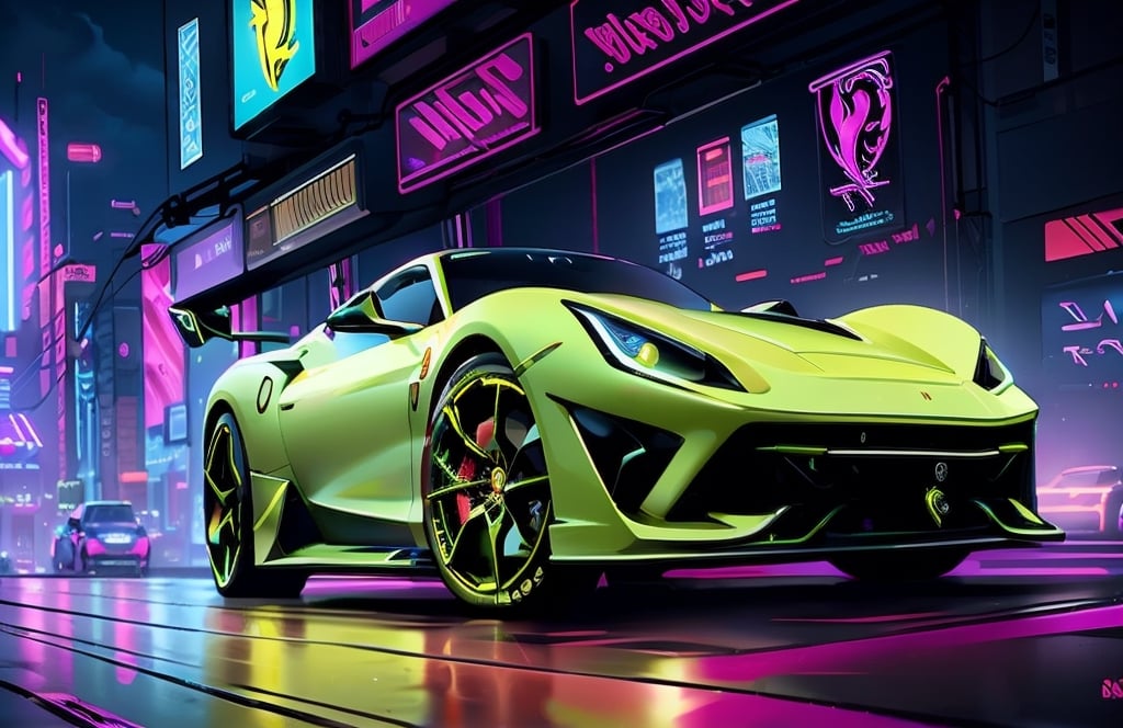 A sleek, neon-lit cyberpunk car races through a dark, rain-soaked cityscape, its glowing wheels leaving trails of light behind it. The car's body is adorned with glowing neon lights and sharp, angular lines, giving it a menacing and futuristic appearance.