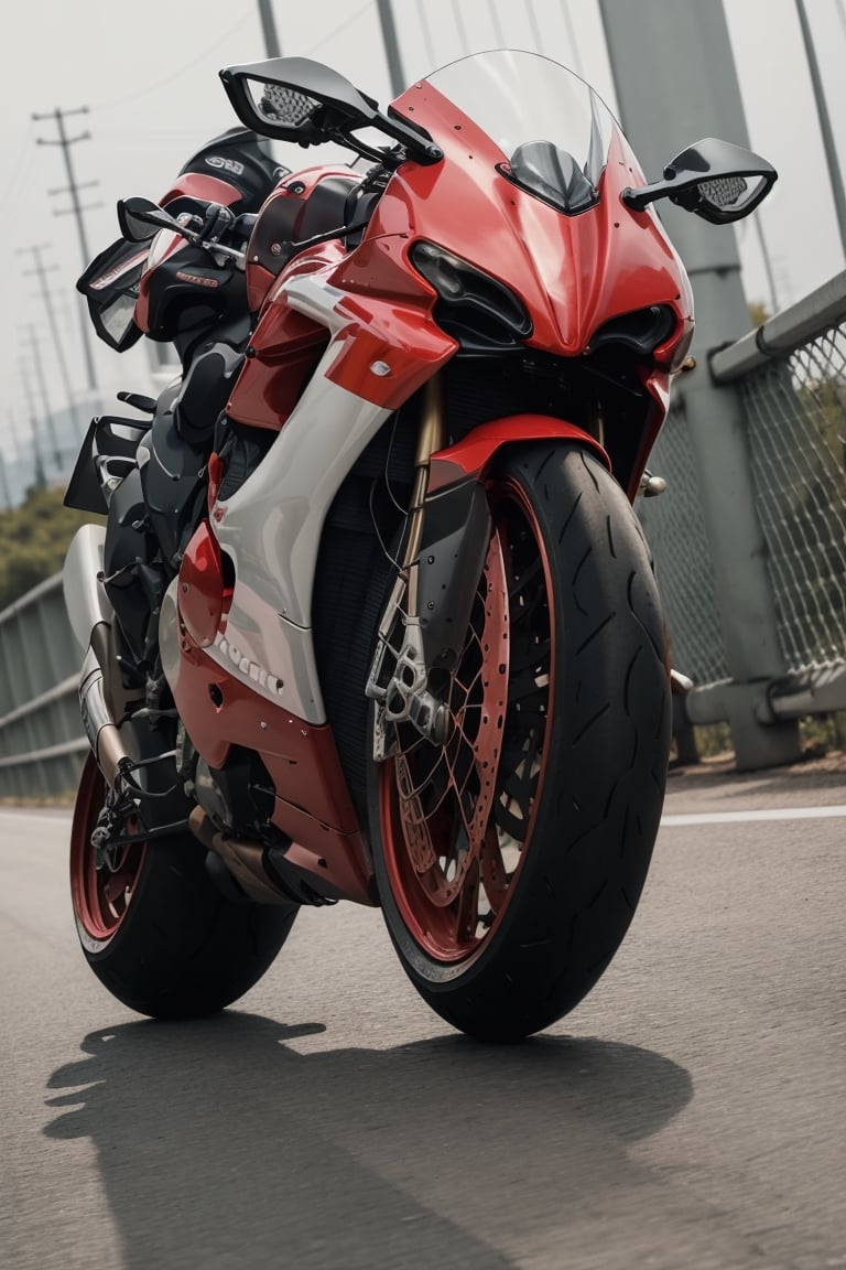 motorcycle rider in black and red riding on a bridge, huge ducati panigrale motorbike, wheelie, riding a motorcycle, riding a futuristic motorcycle, motorcycles, motorcycle, dynamic action shot, riding a motorbike, motorbike, motorbiker, portrait shot, full frame shot, very artistic pose, youtube thumbnail, high speed action, epic action shot, 