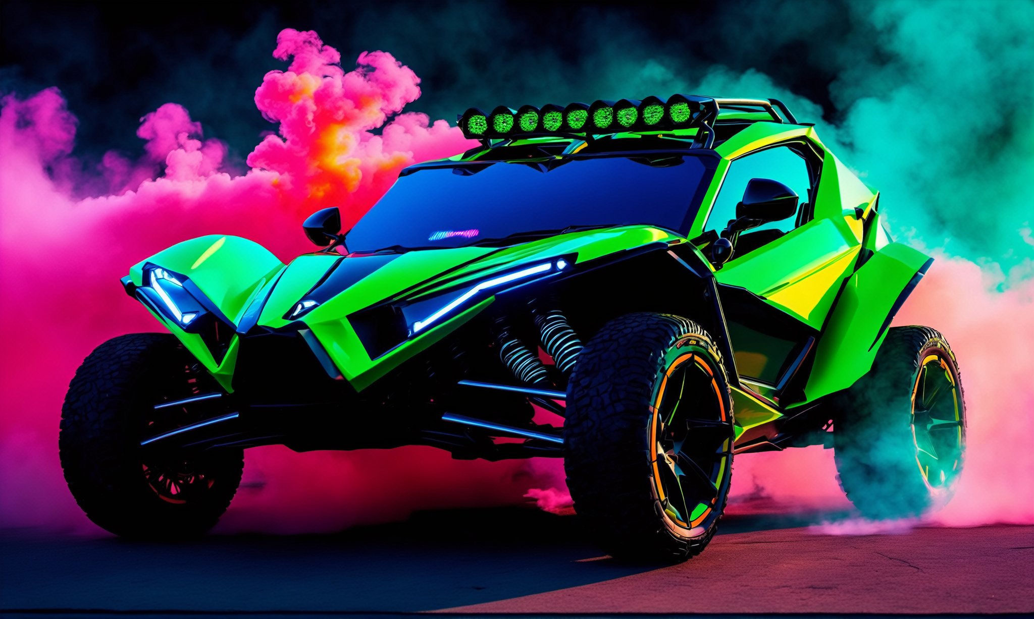front  view of a green Ariel Nomad with headlights on and a light bar on the roof with the light on,  background of colorful smoke , ✏️🎨, 8k stunning artwork, vapor wave, neon smoke, hyper colorful, stunning art style, car with holographic paint, amazing wallpaper, futuristic art style, 8 k highly detailed ❤🔥 🔥 💀 🤖 🚀4k phone wallpaper, inspired by Mike Winkelmann, 