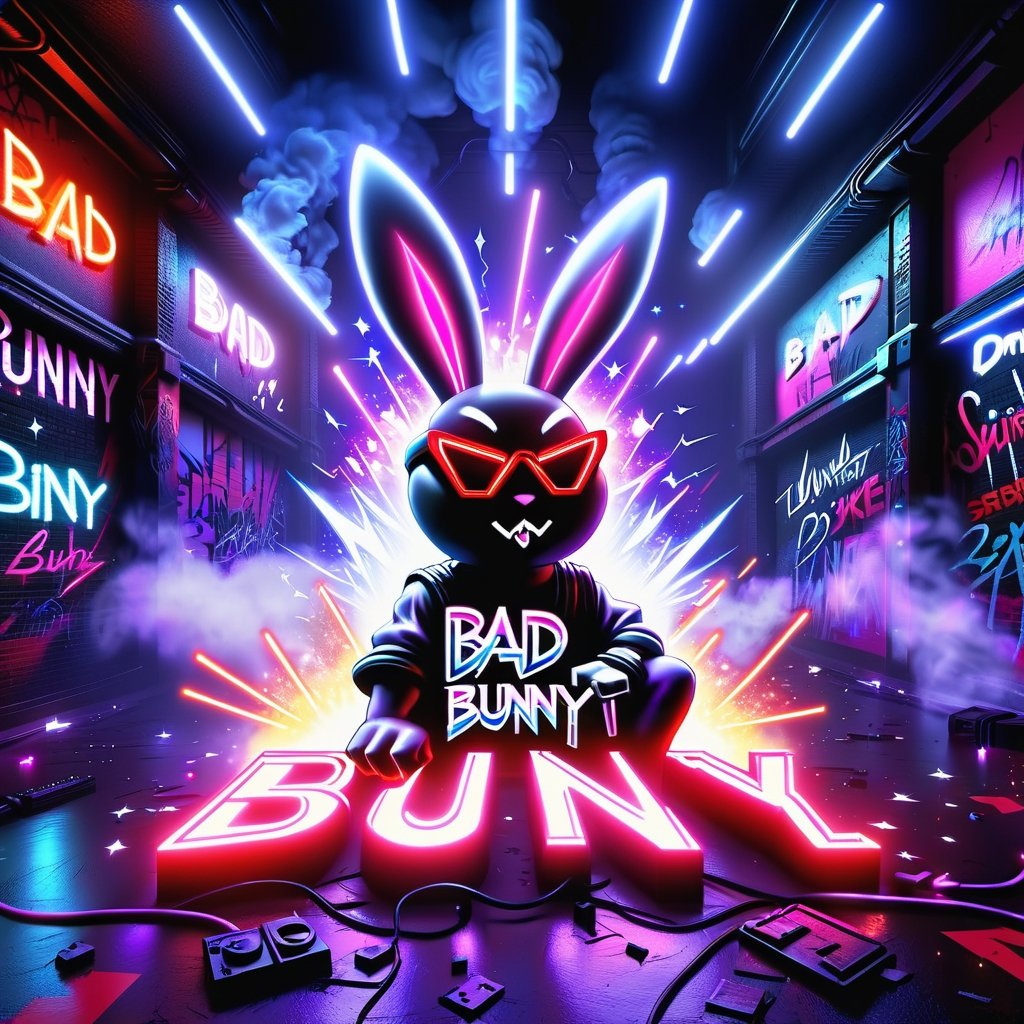 Text that reads  "Bad Bunny" in neon red, black, metallic, purple, blue, Pink, neon, sparkles, smoke, planet, graffiti background,
,composed of elements of thunder Electricity Space stars and neon lights, Cyberpunk,DonMH010D15pl4yXL 