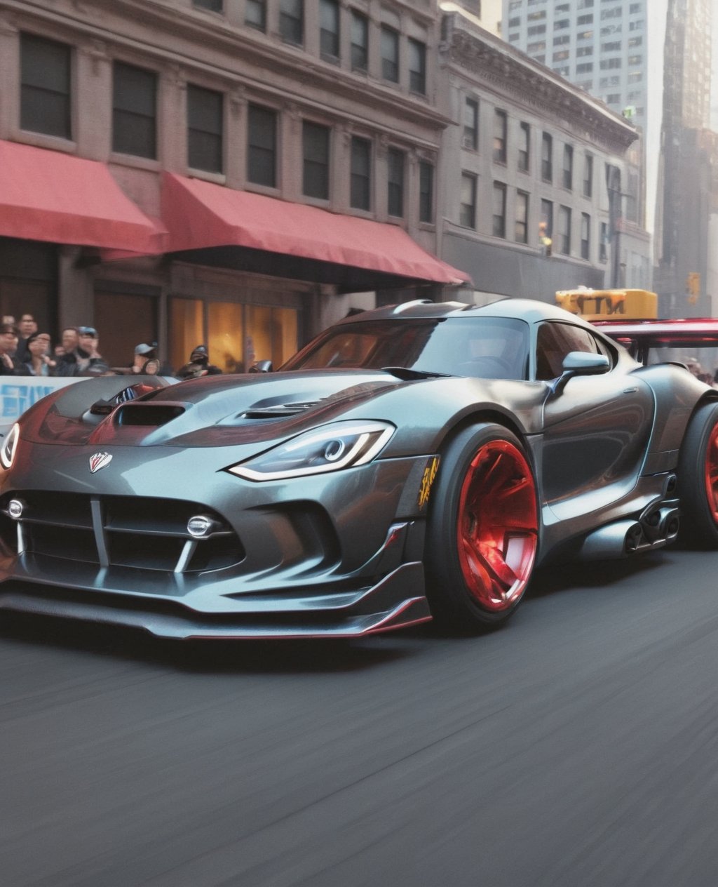 Shelby viper(truck,GtsE-,DTM Ecosport) ,concept car, fancy cyborg design, futuristic, cyborg style,cyberpunk style, surrounded by people , Drifting New York City, Black color, glossy, Light red color wheels,detailmaster2, high details, front perspective wita tree in a corner view,cyberpunk,pturbo,8K,very high detailed, photorealistic,H effect,Movie Still,Landskaper, add_more_creative