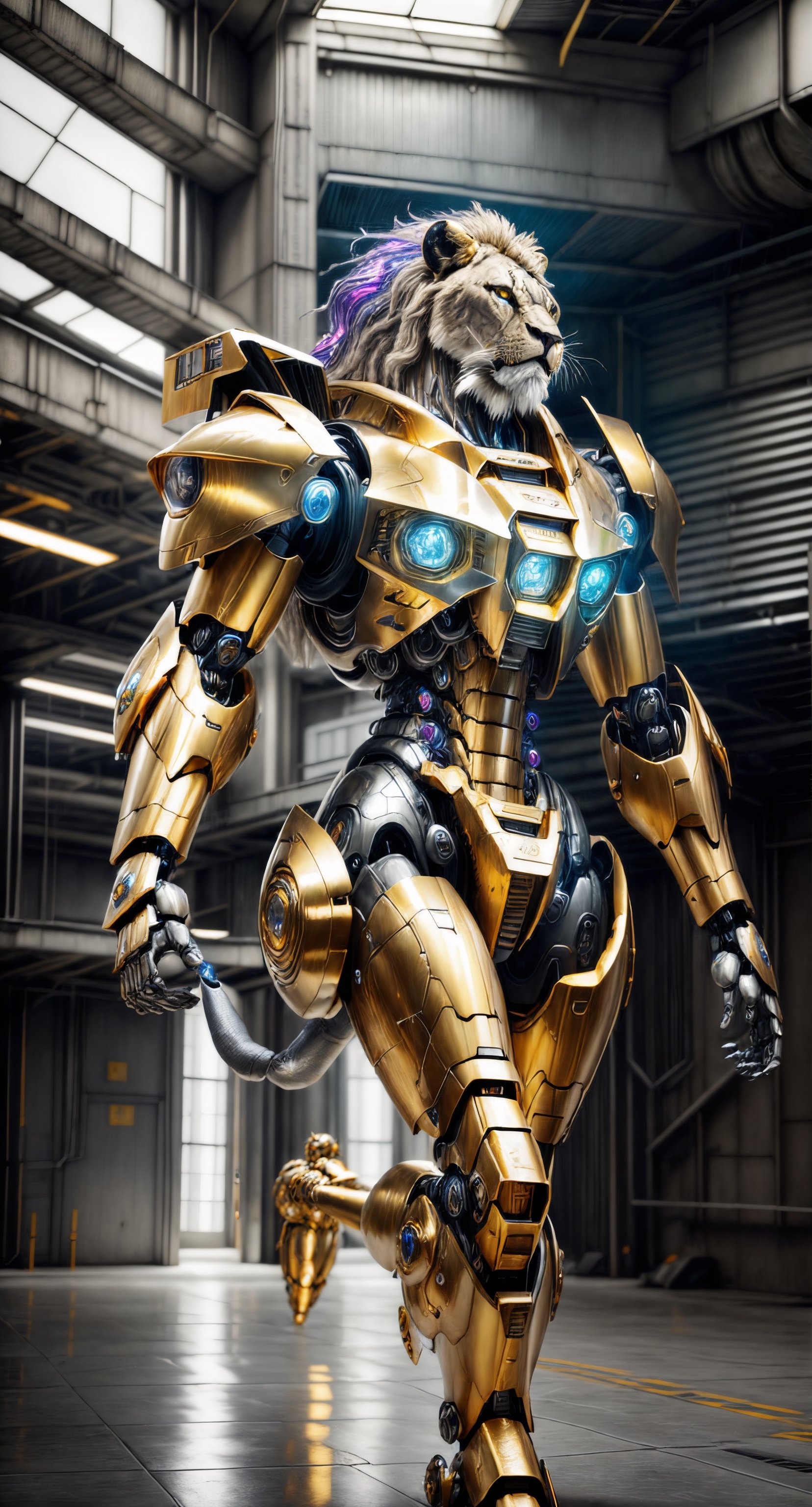 Animalrizz (Fishy trade) 10, masterpiece, highres, Absurd,photorealistic portrait, Parley_armature, Lion in Armor ,Wear Parley_armature, Massive futuristic armor, running, move, Rocket propulsion,((from the side)),bismuth4rmor,Golden Warrior Mecha