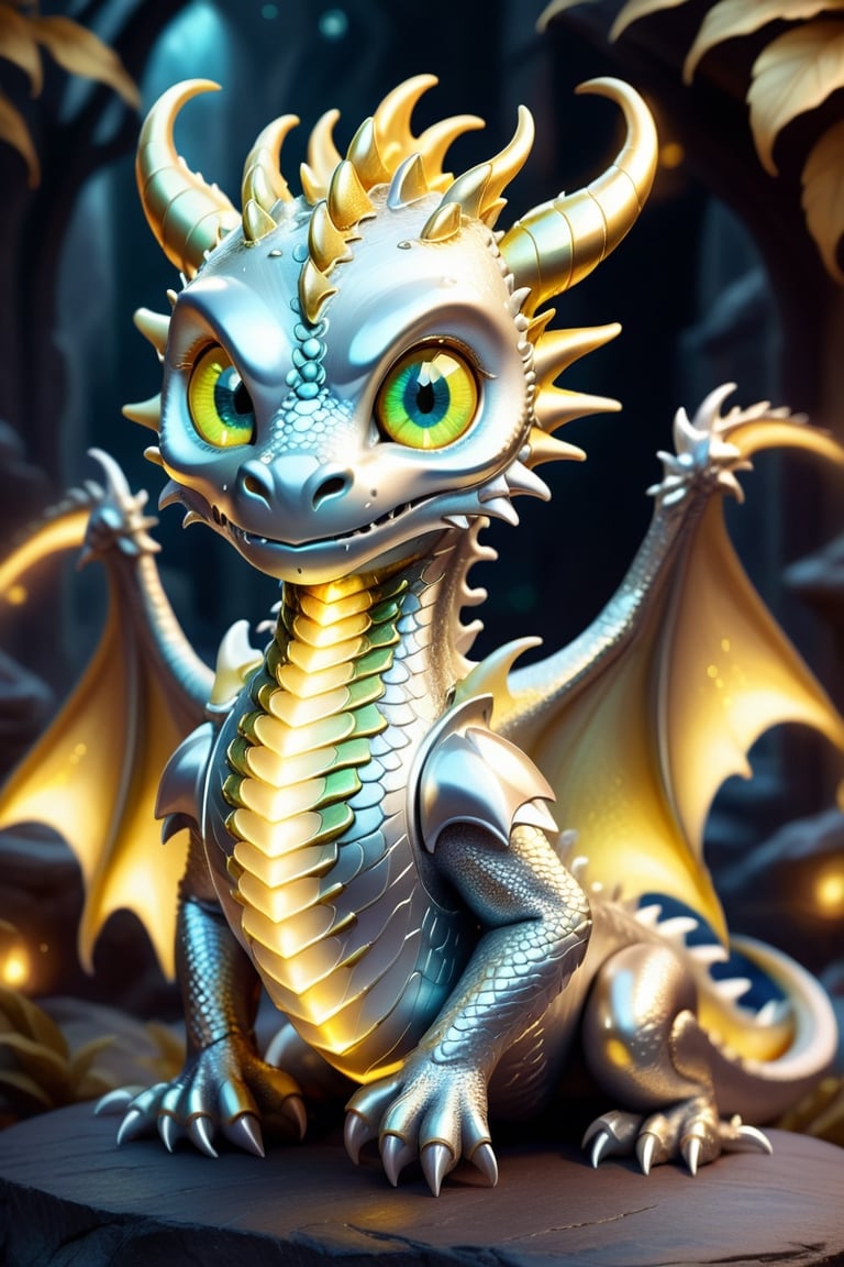 Craft an enchanting fantasy scene featuring a Gold -silver biometric dragon with glowing,  shiny biometrical features. Imagine captivating yelloweyes and impressive glass horns. Place this majestic creature in a fantasy-style background that complements its ethereal beauty,  aiming for a visually striking image with intricate details and a magical atmosphere., cute little dragon
,cute dragon,GUILD WARS