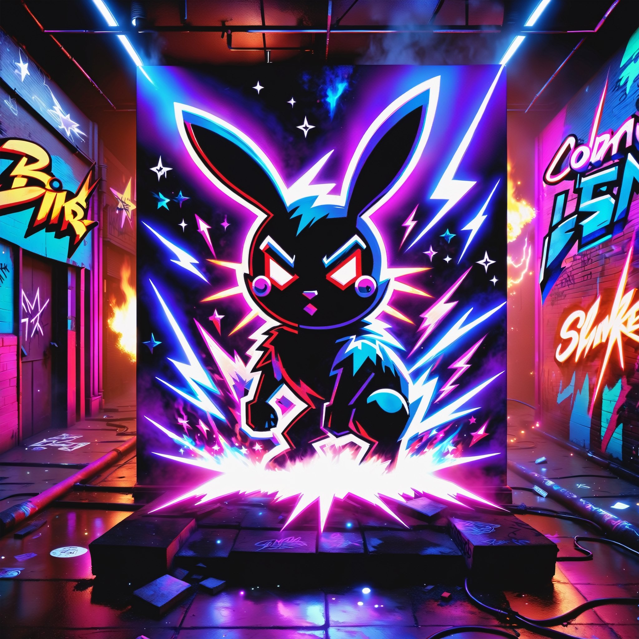 "Bad Bunny" in neon red, black, metallic, purple, blue, Pink, neon, sparkles, Neon colored smoke, planet, graffiti background,
,composed of elements of street art Fire thunder Lightning Electricity Space stars and neon lights atomic explosions, Cyberpunk,DonMH010D15pl4yXL 