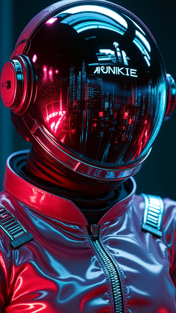 transparent color PVC clothing, transparent color vinyl clothing, prismatic, holographic, chromatic aberratioA highly detailed, futuristic astronaut, helmet with a reflective visor, faces forward, showcasing a stunning, high-contrast, red and Blacke reflection of a sleek, metropolitan cityscape, set against the inky blackness of space, complete with towering skyscrapers, curved architecture, and neon-like accents, in a mesmerizing, halftone pattern, with the bold, silver, uppercase letters "AI JUNKIE" emblazoned on the visor's center, in a modern, sans-serif font, with subtle, metallic grain and nuanced, high-definition textures, evoking a sense of advanced technology another worldly exploration.n, fashion illustration, masterpiece, girl with harajuku fashion, looking at viewer, 8k, ultra detailed, pixiv