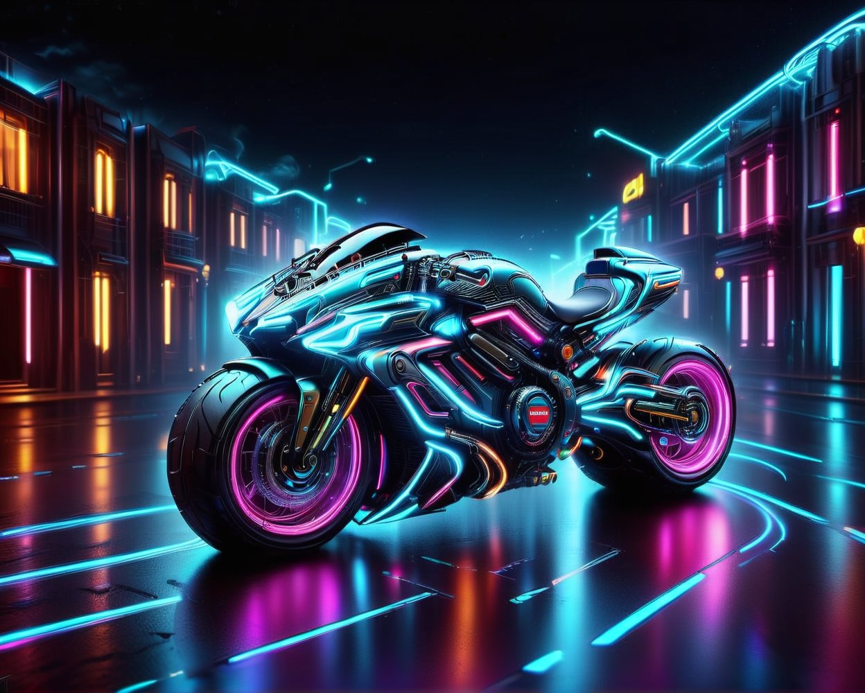 futuristic 2023 Suzuki GSX R 1100R motorcycle on a city street at night with neon lights, futuristic suzuki, futuristic motorcycle, riding a futuristic motorcycle, sitting on cyberpunk motorbike, tron, motorcycle concept art, cycle render, colors of tron legacy, daniel maidman octane rendering, futuristic vehicles, concept design art octane render, anime art vehicle concept art, cyberpunk futuristic neon, cycles 3 d render, futuristic vehicle,nlgtstyle,chrometech