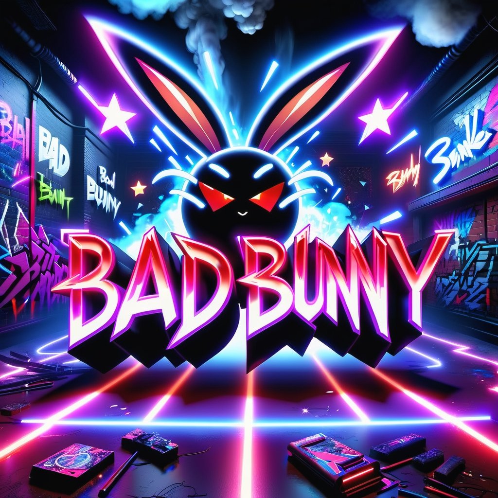 Text that reads  "Bad Bunny" in neon red, black, metallic, purple, blue, Pink, neon, sparkles, smoke, planet, graffiti background,
,composed of elements of thunder Electricity Space stars and neon lights, Cyberpunk,DonMH010D15pl4yXL 