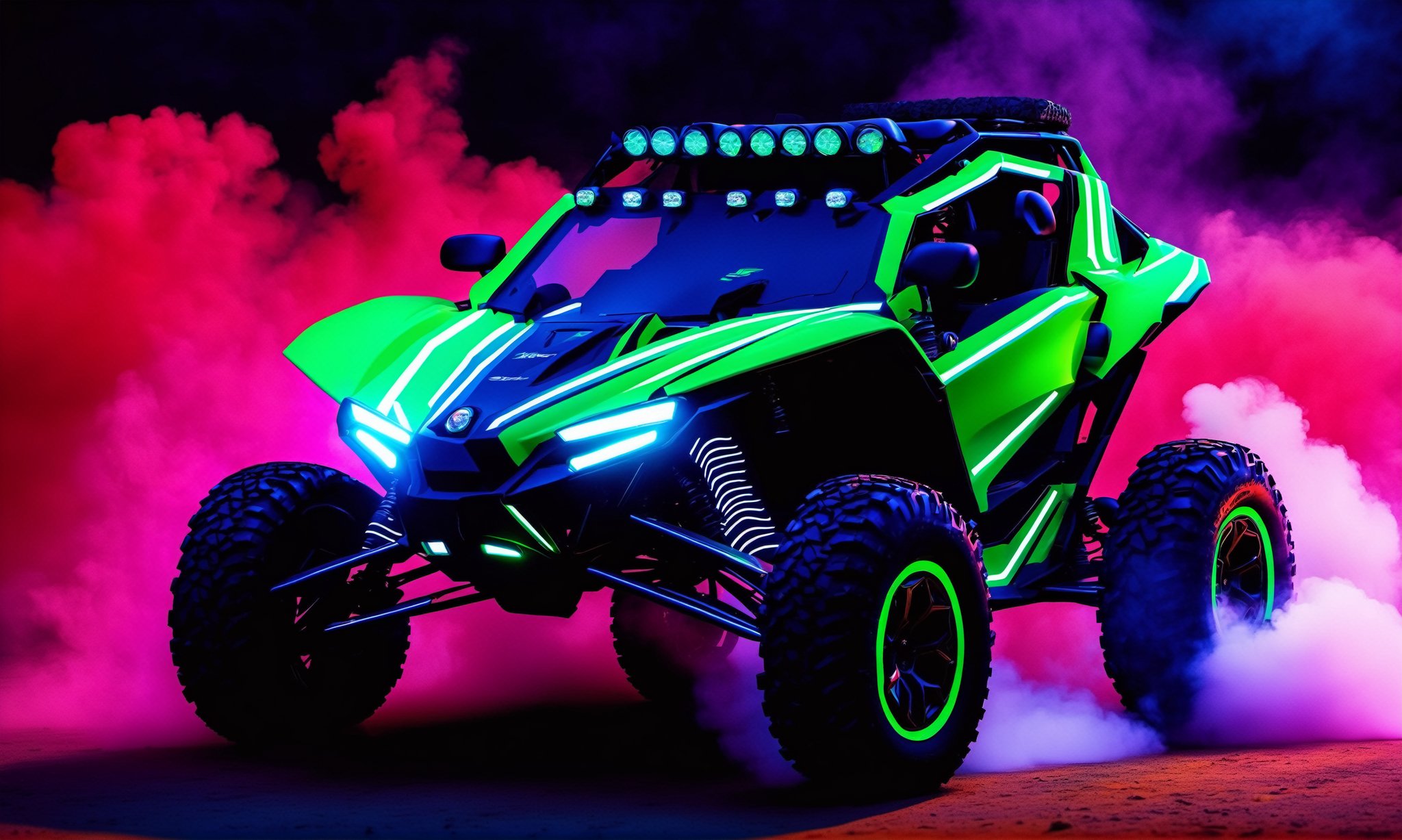 front  view, ultra relistic,  of a green ariel nomad tactical ATV 4x4 with headlights onm, a light bar on the roof shining bright beams of white light ,  background of colorful smoke , ✏️🎨, 8k stunning artwork, vapor wave, neon smoke, hyper colorful, stunning art style, car with holographic paint, amazing wallpaper, futuristic art style, 8 k highly detailed ❤🔥 🔥 💀 🤖 🚀4k phone wallpaper, inspired by Mike Winkelmann, 