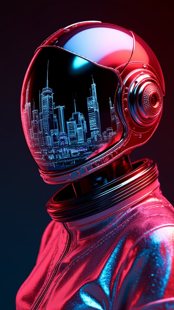 transparent color PVC clothing, transparent color vinyl clothing, prismatic, holographic, chromatic aberratioA highly detailed, futuristic astronaut, helmet with a reflective visor, faces forward, showcasing a stunning, high-contrast, red and Blacke reflection of a sleek, metropolitan cityscape, set against the inky blackness of space, complete with towering skyscrapers, curved architecture, and neon-like accents, in a mesmerizing, halftone pattern, with the bold, silver, uppercase letters "AI JUNKIE" emblazoned on the visor's center, in a modern, sans-serif font, with subtle, metallic grain and nuanced, high-definition textures, evoking a sense of advanced technology another worldly exploration.n, fashion illustration, masterpiece, girl with harajuku fashion, looking at viewer, 8k, ultra detailed, pixiv