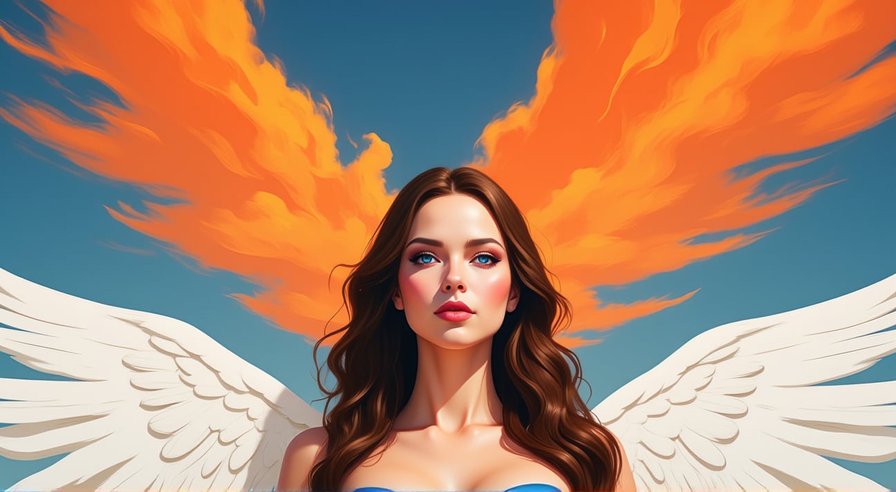 a mix of digital watercolor style and Vibrant fantasy, A medium- sized woman with long, wavy brown hair stands confidently in the center of the frame, her piercing blue eyes commanding attention as she gazes directly at the viewer. Her pursed lips, painted a pinkish-red hue, convey determination and strength. Flanked by two large white wings, which extend from shoulder to shoulder, creating a striking diagonal line that draws the eye upward. The vibrant orange clouds against the deep blue sky provide a bold and dramatic backdrop, inviting contemplation. The woman's unwavering stare seems to pierce through the atmosphere, as if daring the viewer to look away.