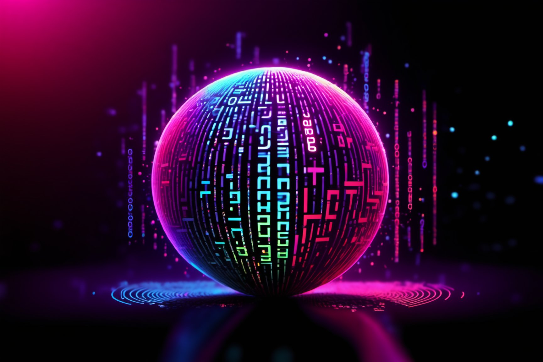 (((TA TEXT))), ((TA Artificial intelligence)), Neon multy colored matrix code falling from the top in the background, chip, neon technology sphere, technology concepts, intelligence concepts HD wallpaper